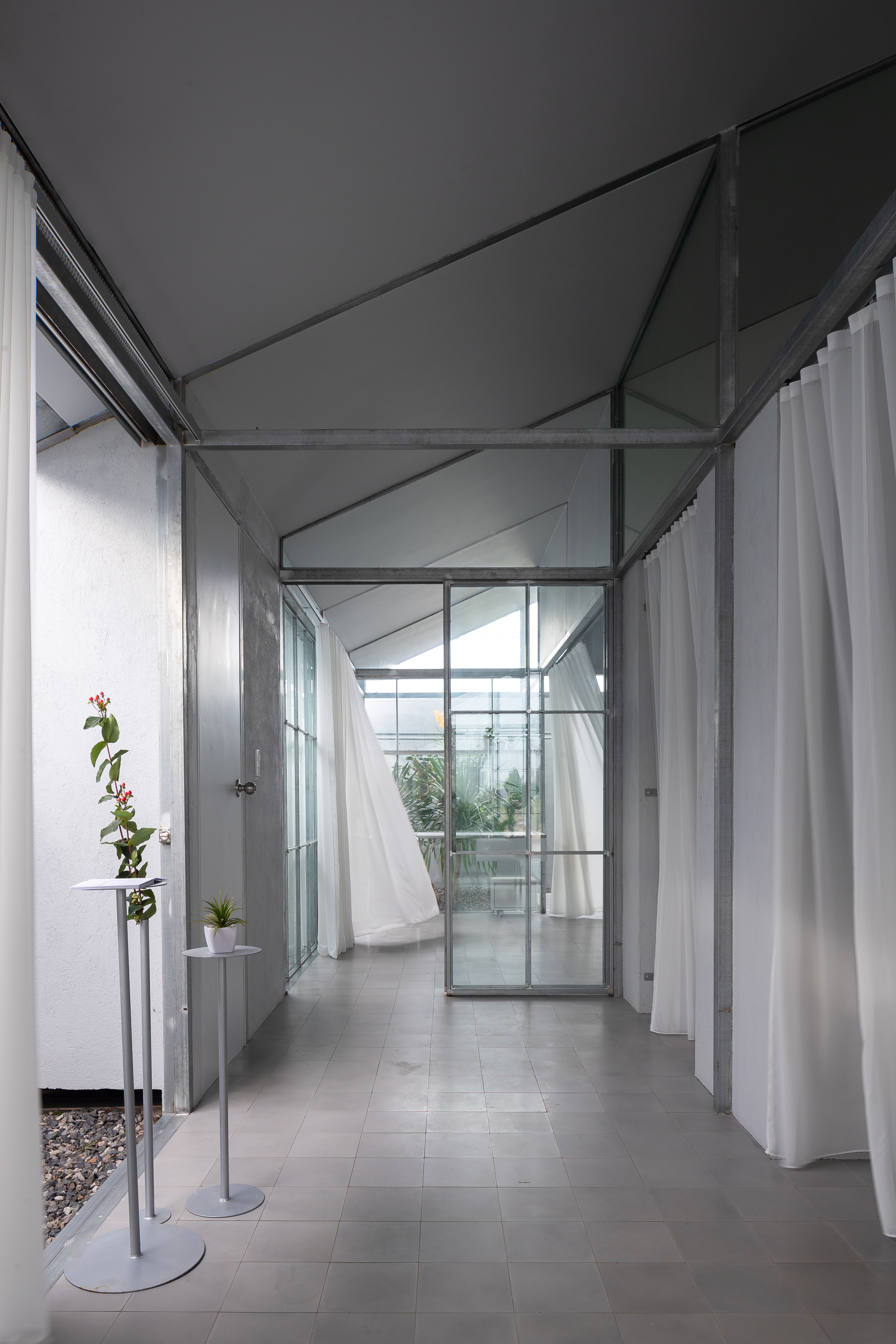 Narrow hallway with glass partitions, white curtains, and potted orchids on metal stands