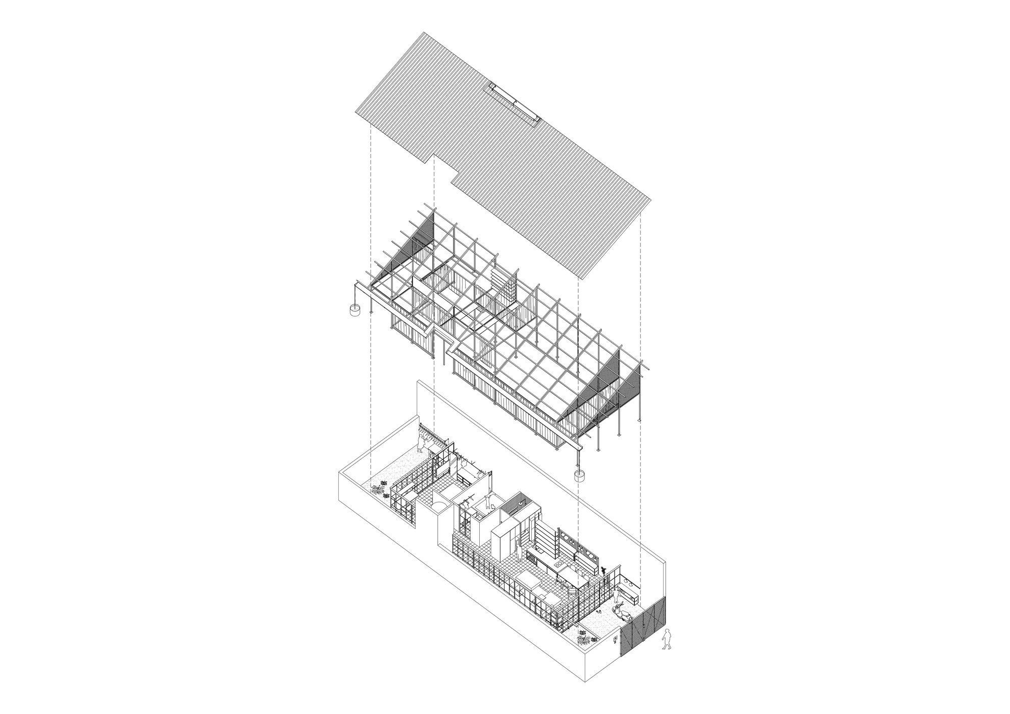 Exploded axonometric drawing revealing roof structure, frame, and interior layout across three levels