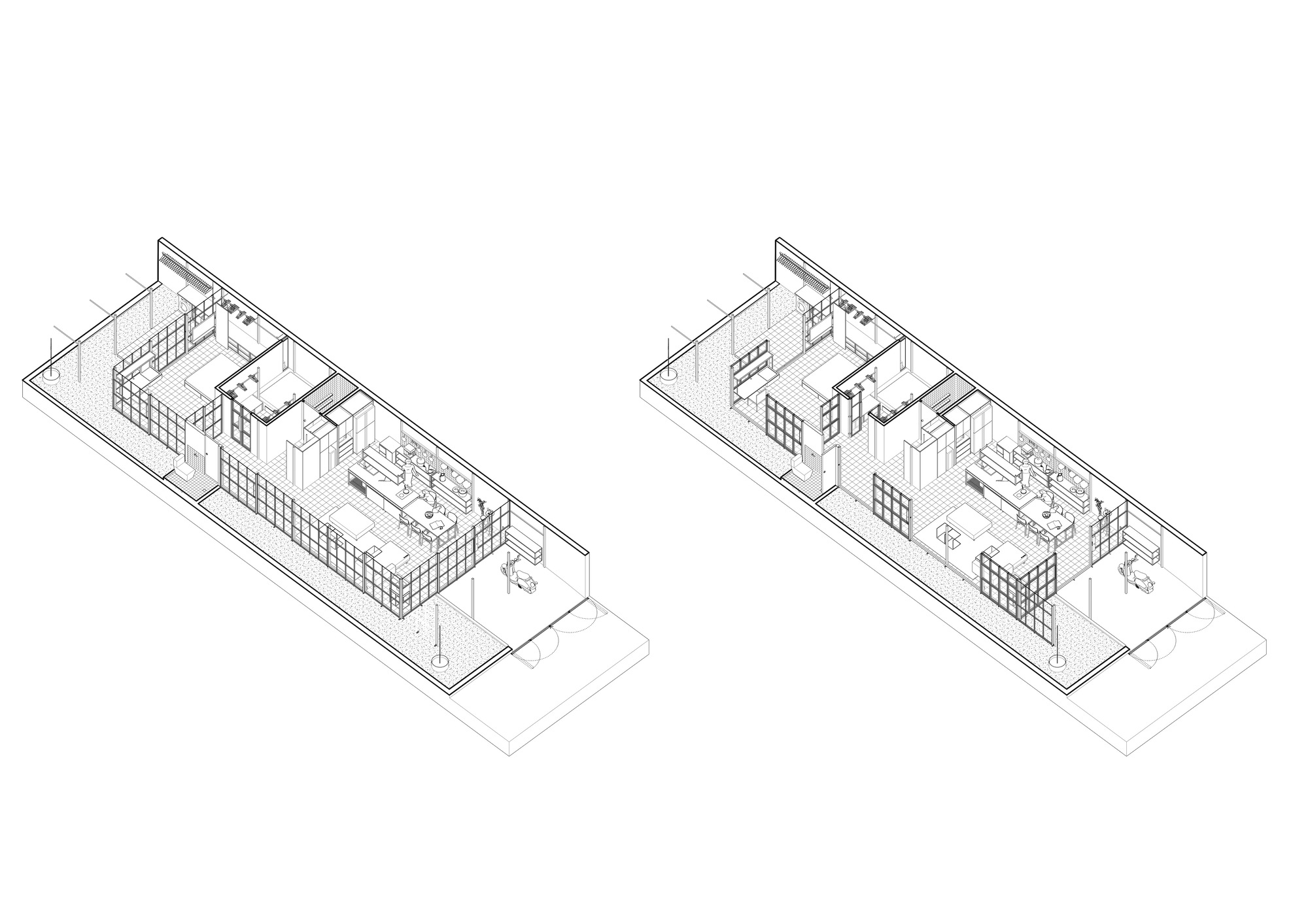 Isometric cutaway drawings comparing two interior configurations within the same volume