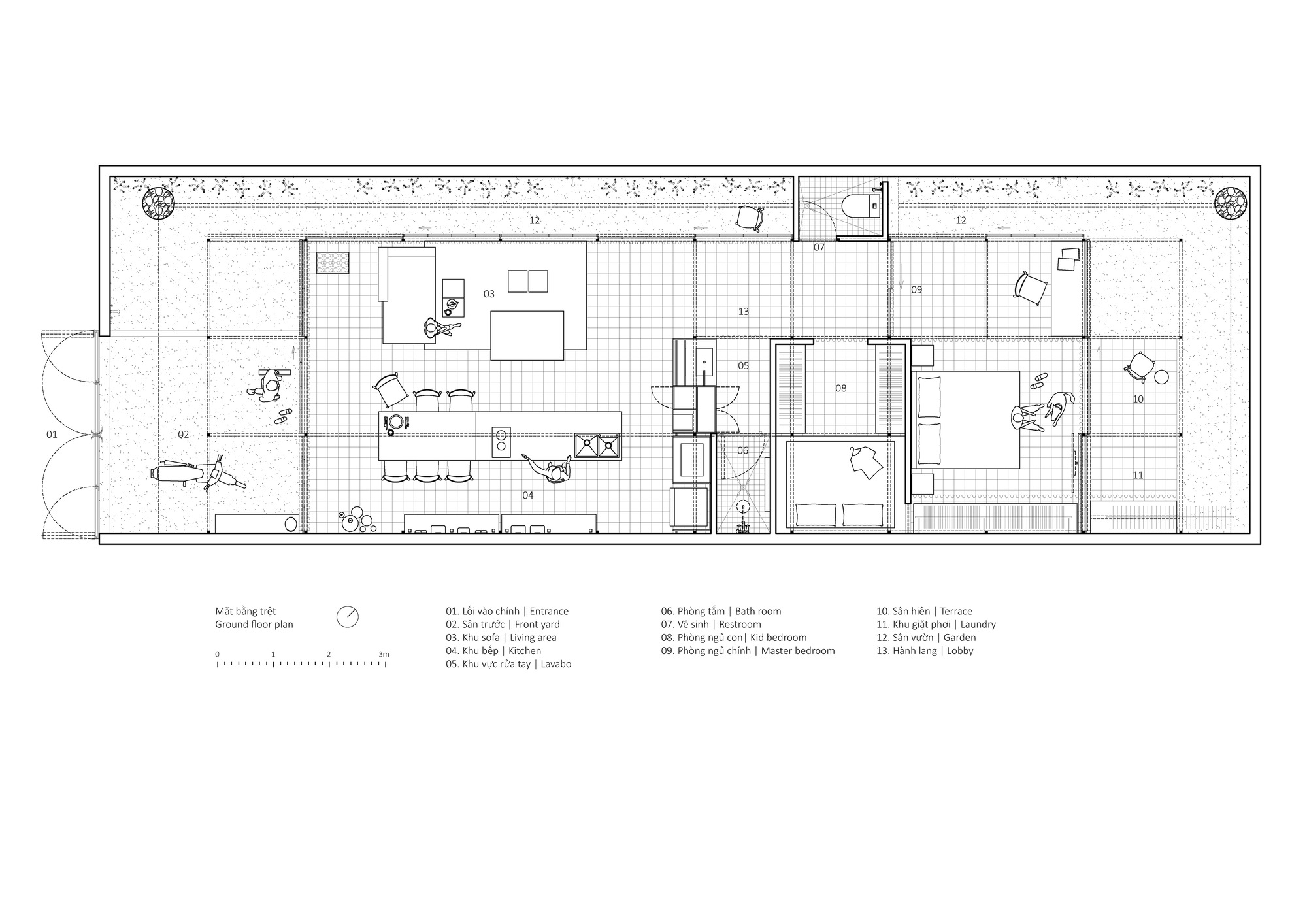 Ground floor plan showing a linear layout with living area, kitchen, bedrooms and service spaces