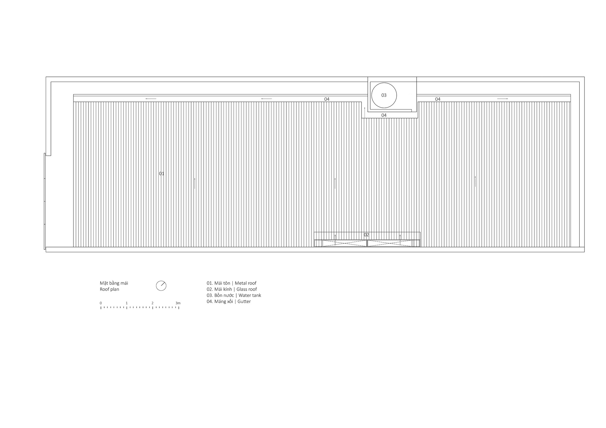 Roof plan drawing showing a metal roof with a central circular element and water tank