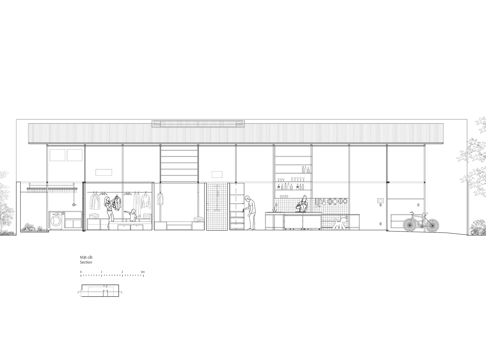 Section drawing showing interior spaces with figures, kitchen, stairs, and surrounding trees