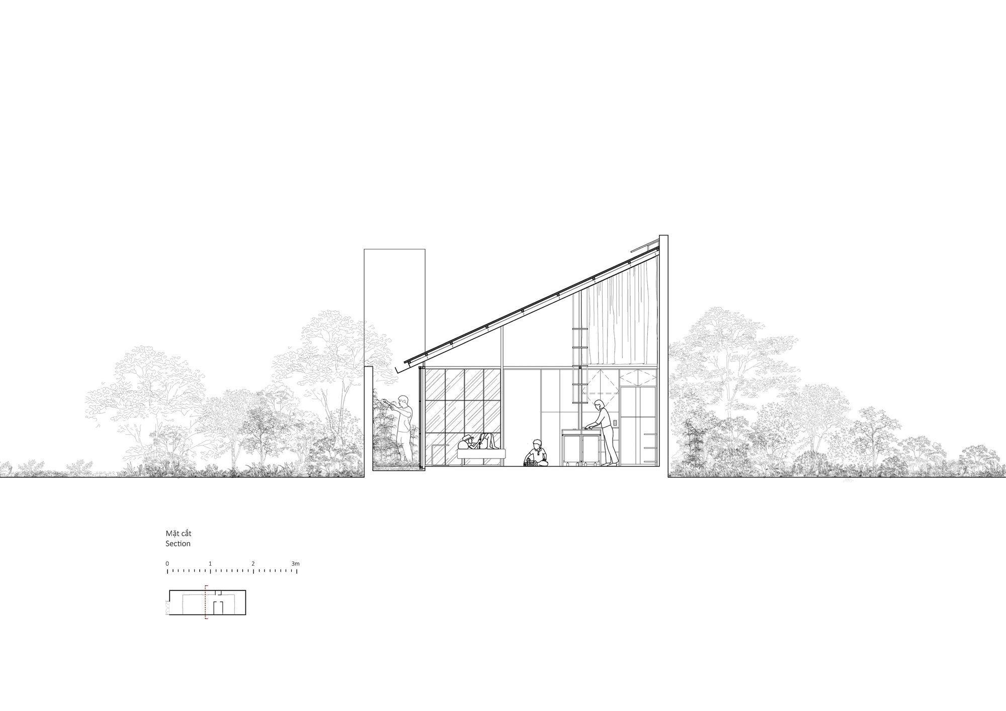 Section drawing showing the angled roof, vertical tower element, and glazed facade with trees
