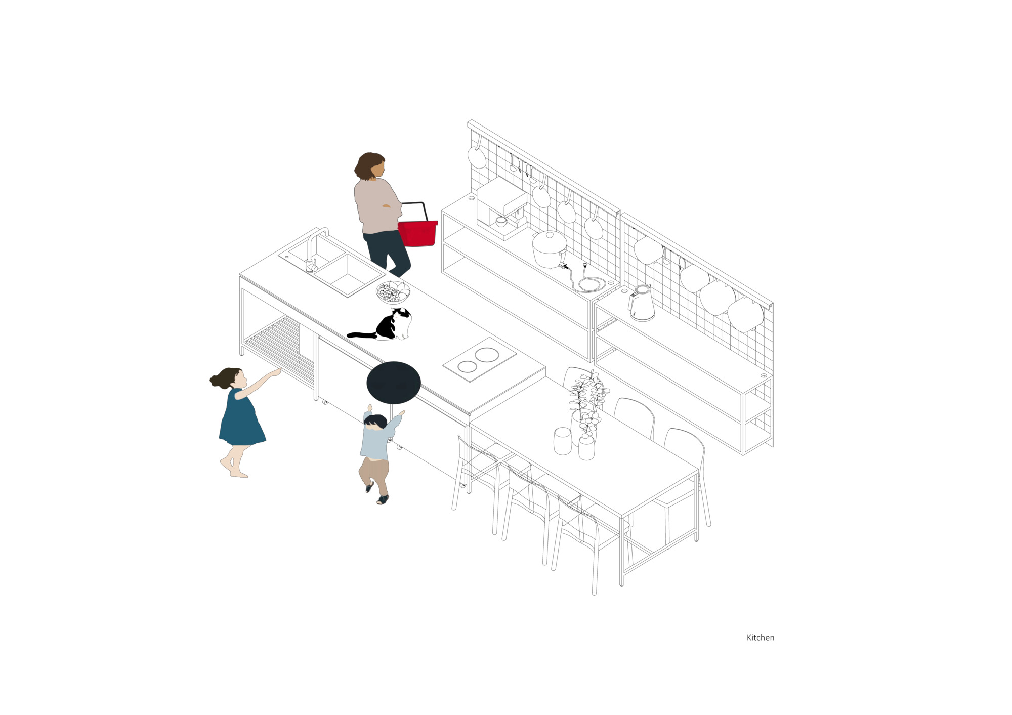 Isometric drawing of a kitchen with a central island, dining table, and three figures