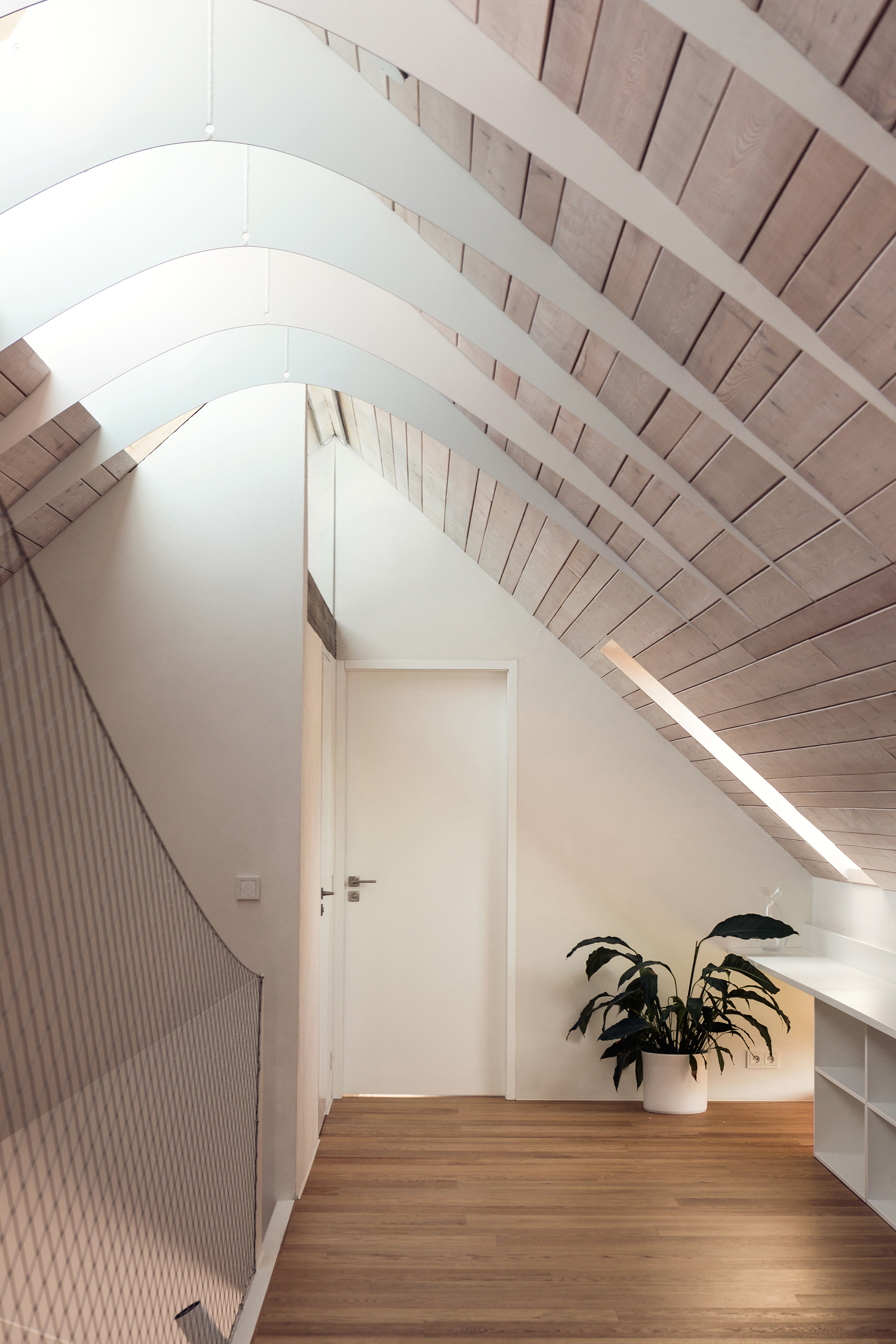 Upper floor hallway with vaulted timber plank ceiling and a potted plant beside white built-in storage