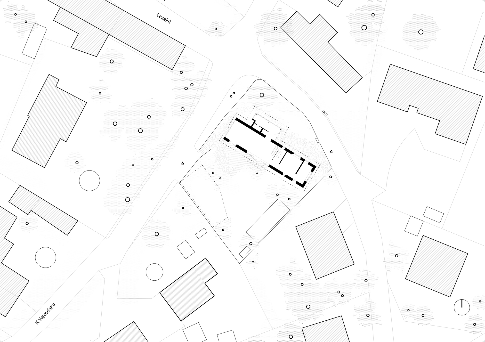 Site plan drawing showing the triangular building footprint surrounded by neighboring structures and landscape