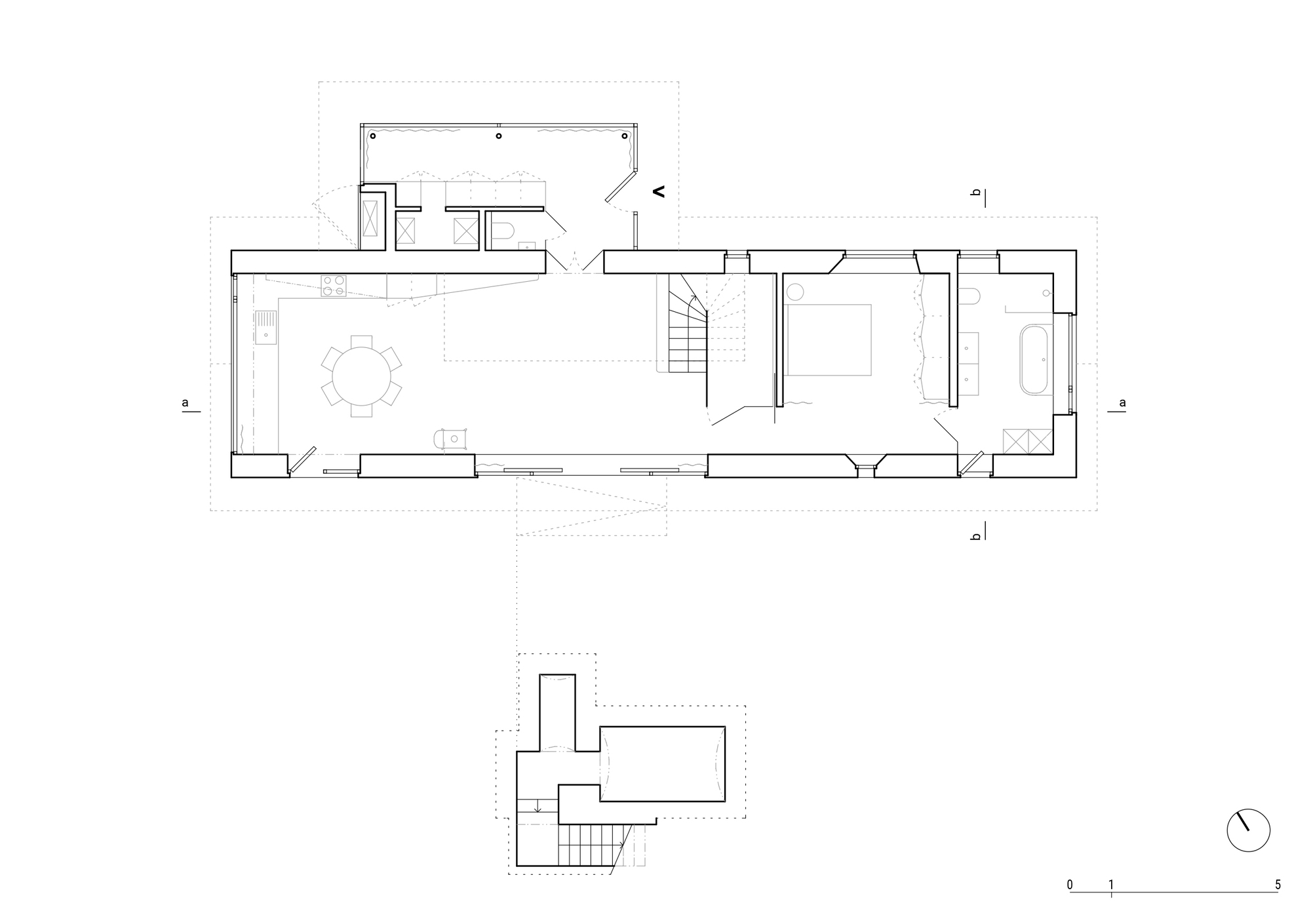 Floor plan drawing of the linear level with living spaces and bedroom zones