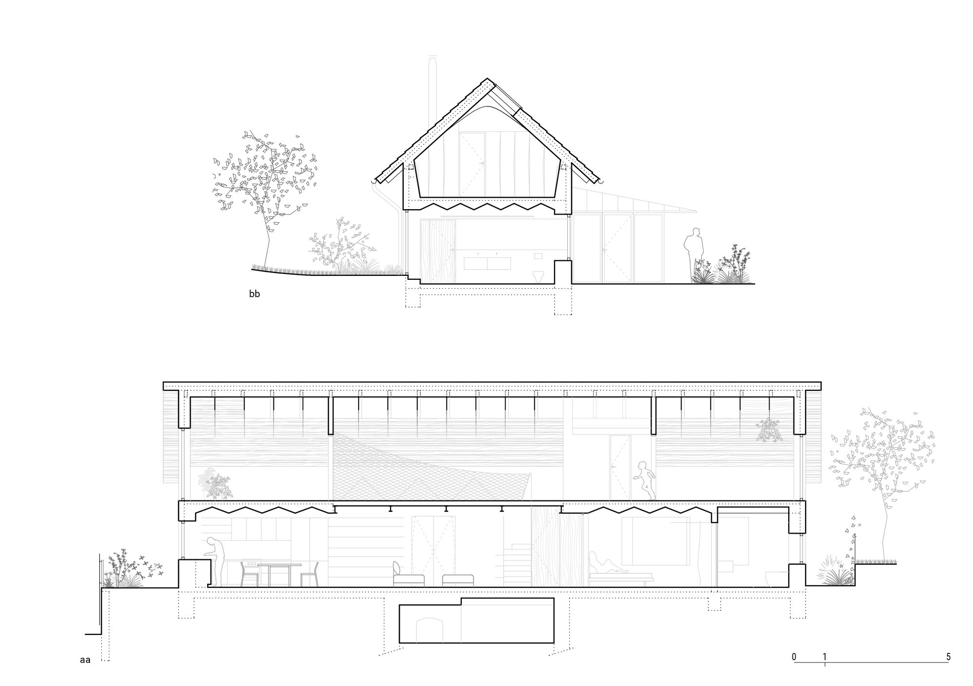 Section drawings revealing the pitched roof volume and interior spatial layering with trees alongside