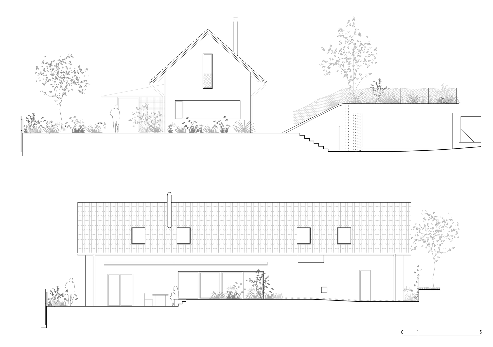 Elevation drawings showing a gabled house and a flat-roofed volume with green roof and planted surroundings