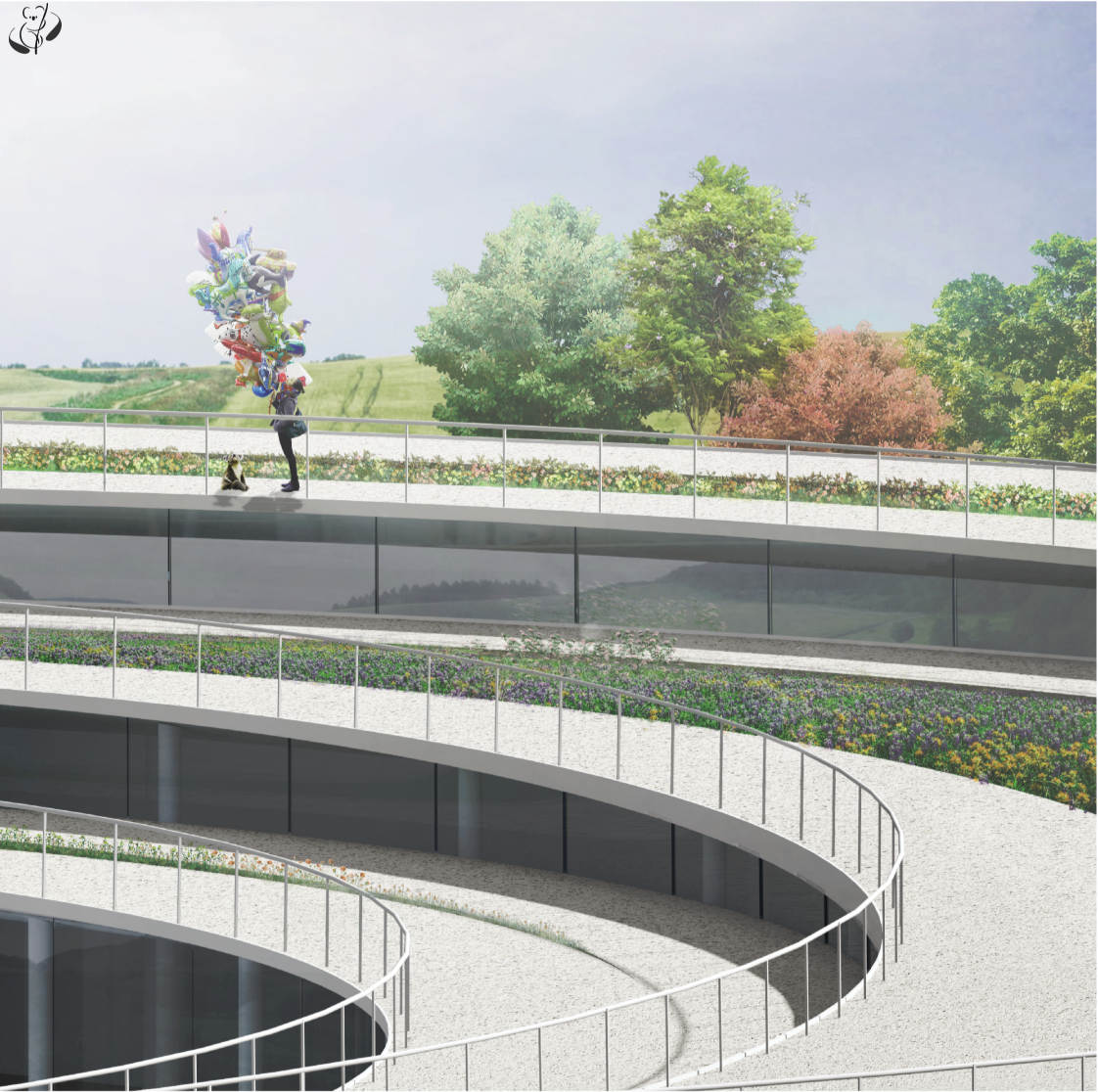 Layered green roof terraces provide panoramic views while extending the natural landscape across the architecture.