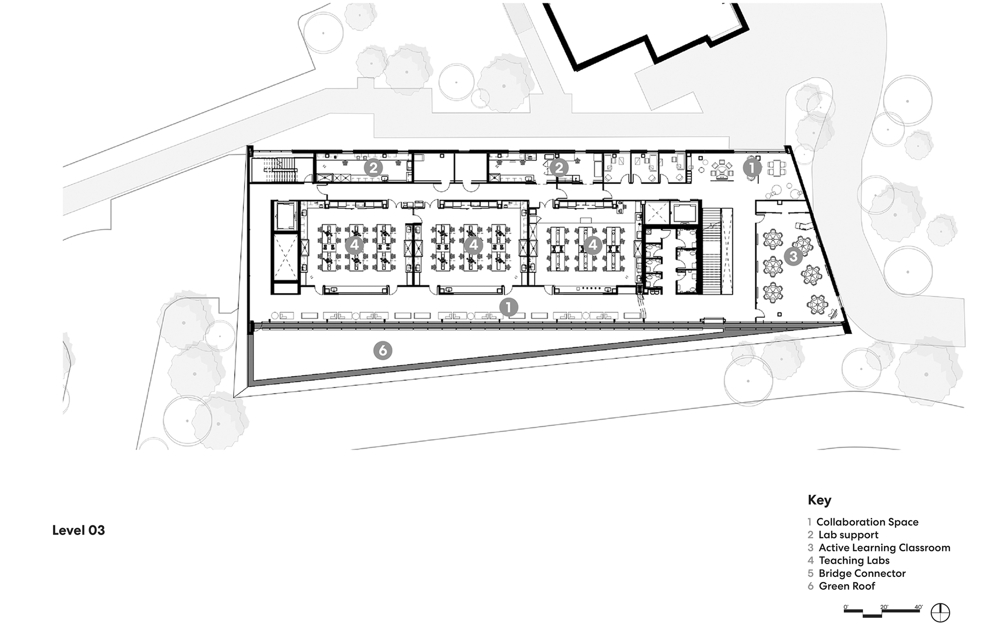 Floor plan drawing showing upper level with three classroom spaces and diagonal circulation spine