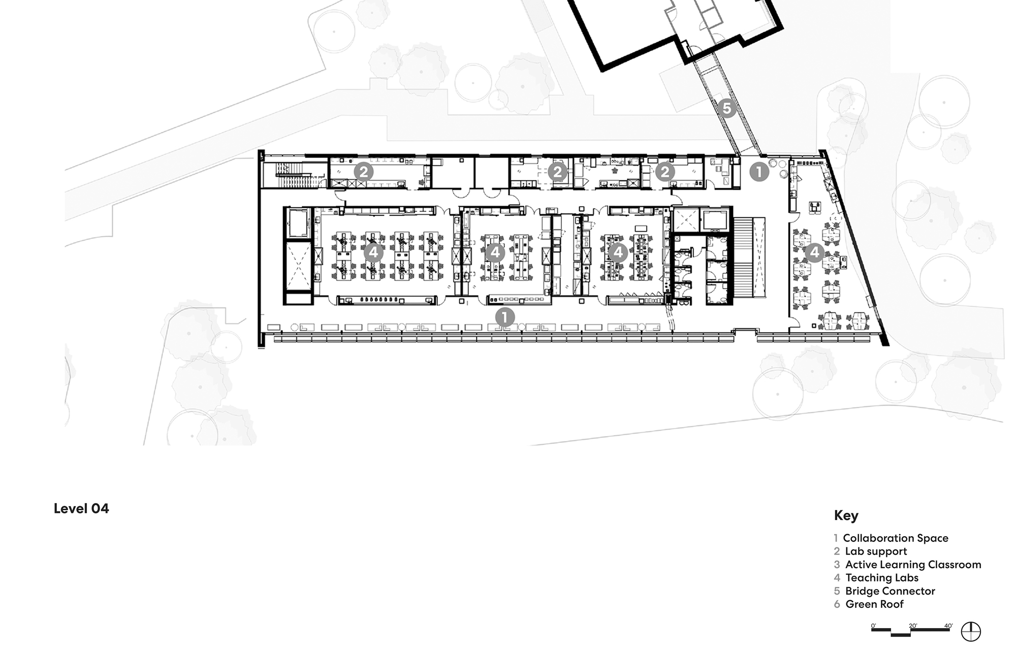 Floor plan drawing showing collaboration spaces, classrooms, and labs arranged in a long rectangular volume