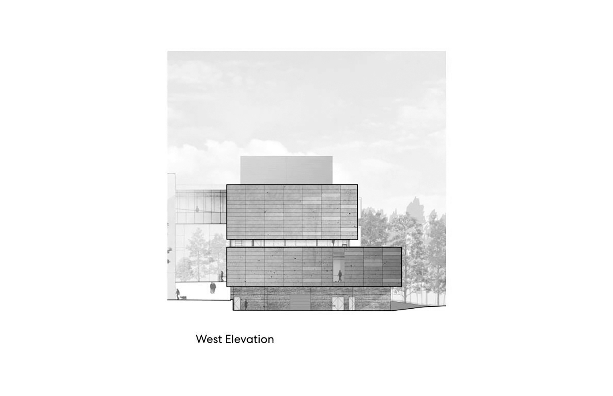 West elevation drawing presenting stacked boxes with slatted cladding and pedestrians below