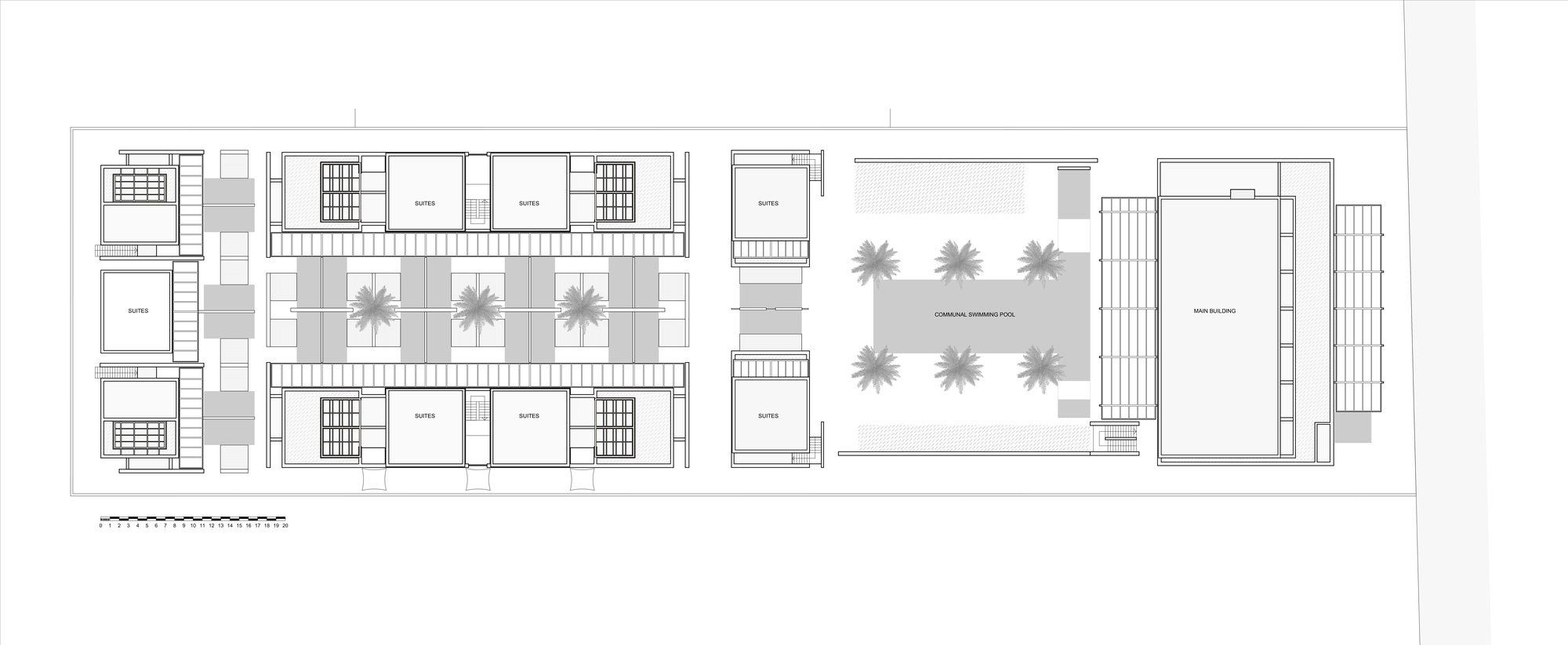 Floor plan showing guest suites flanking a central courtyard with pool and palm trees