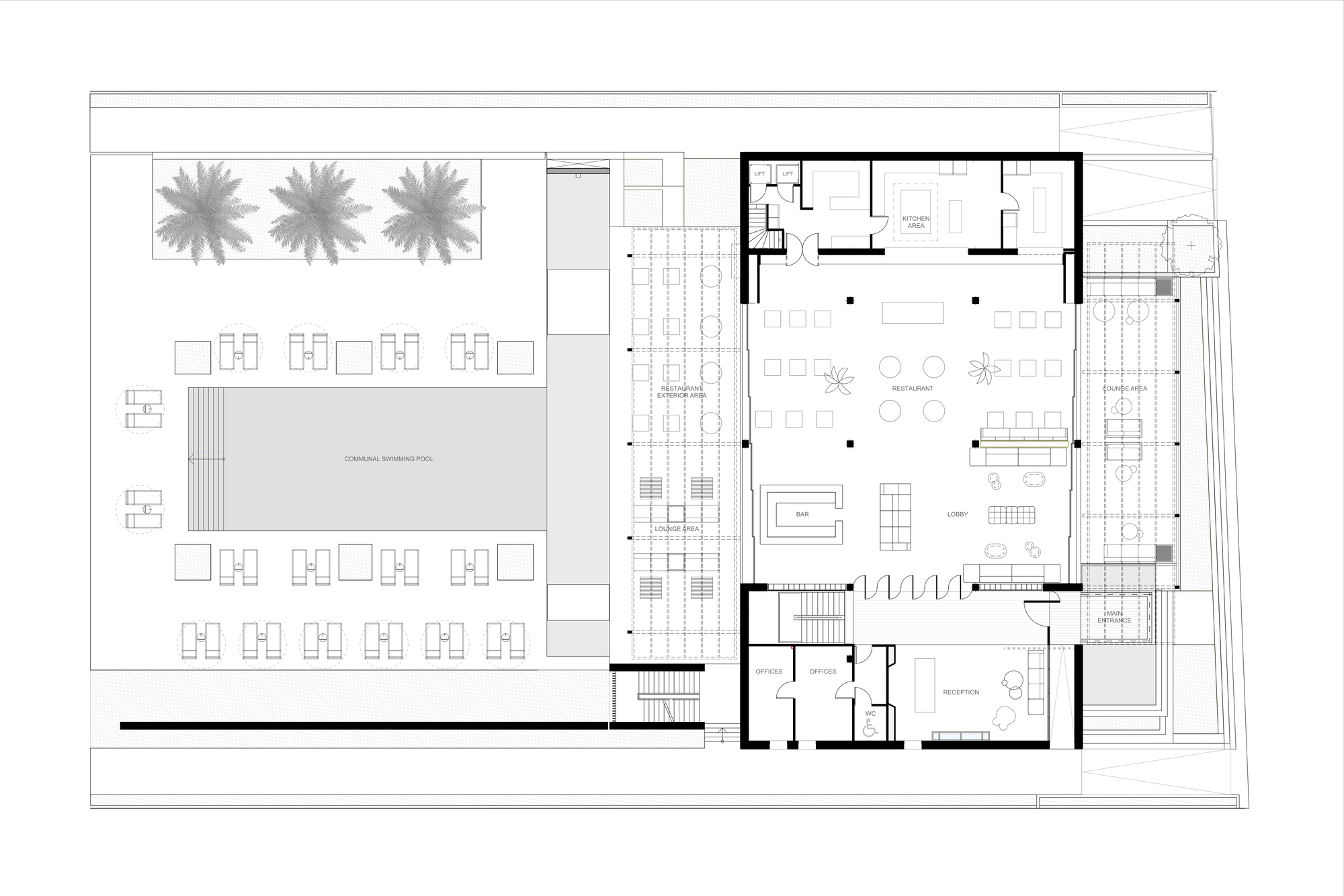 Floor plan showing open common area with pool terrace, palm grove, and flanking service stairs
