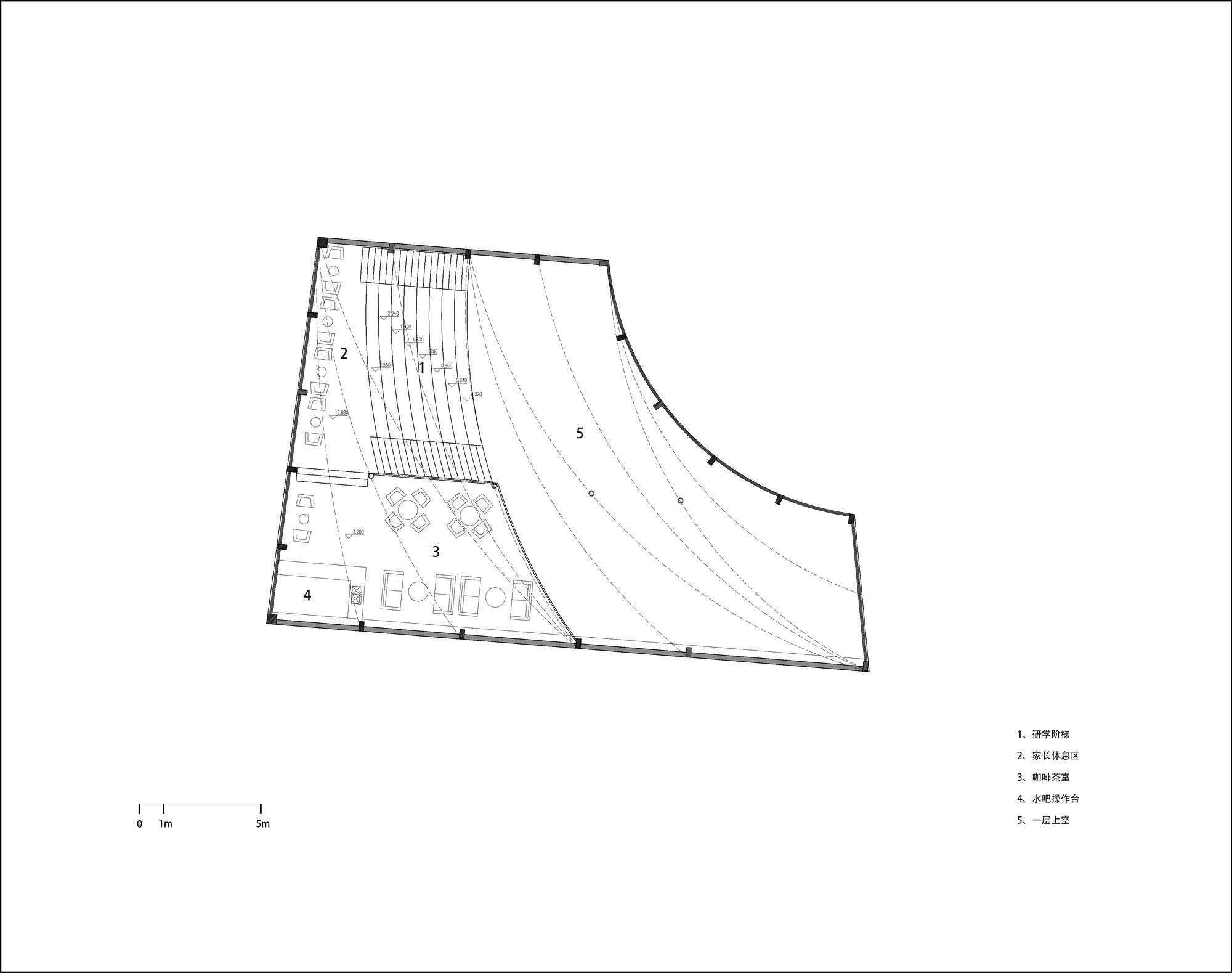 Floor plan drawing depicting assembly hall with sloped seating and support spaces including lounge and restrooms