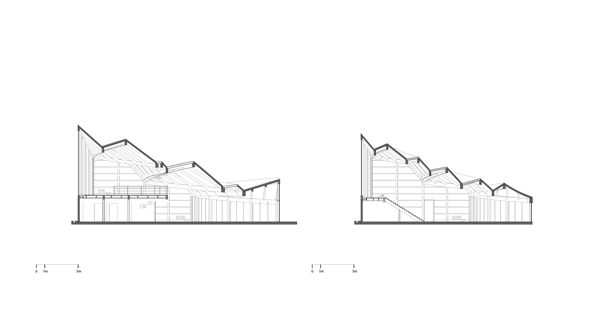 Two section drawings revealing the zigzag roofline profile and tiered interior seating arrangement in long view