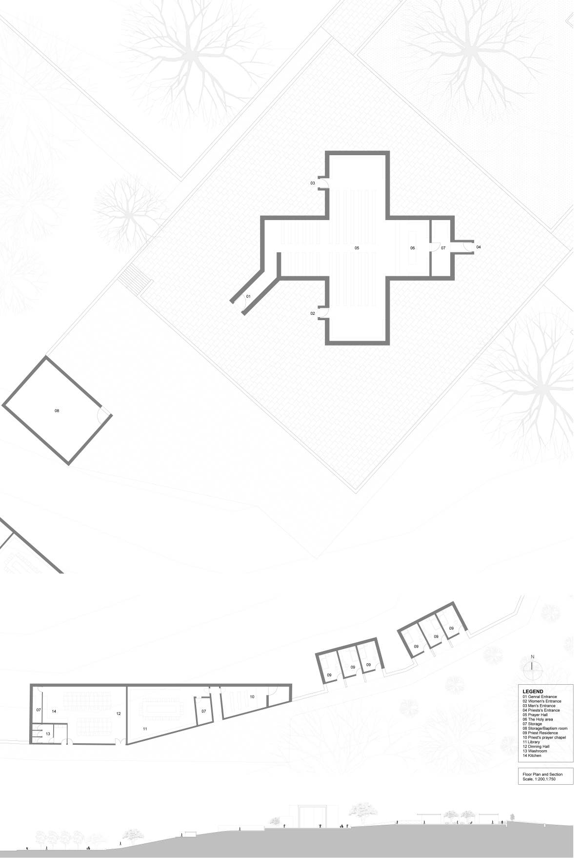 Floor plan and section highlighting the chapel’s sacred axis, entrances, prayer hall, and supporting service spaces.