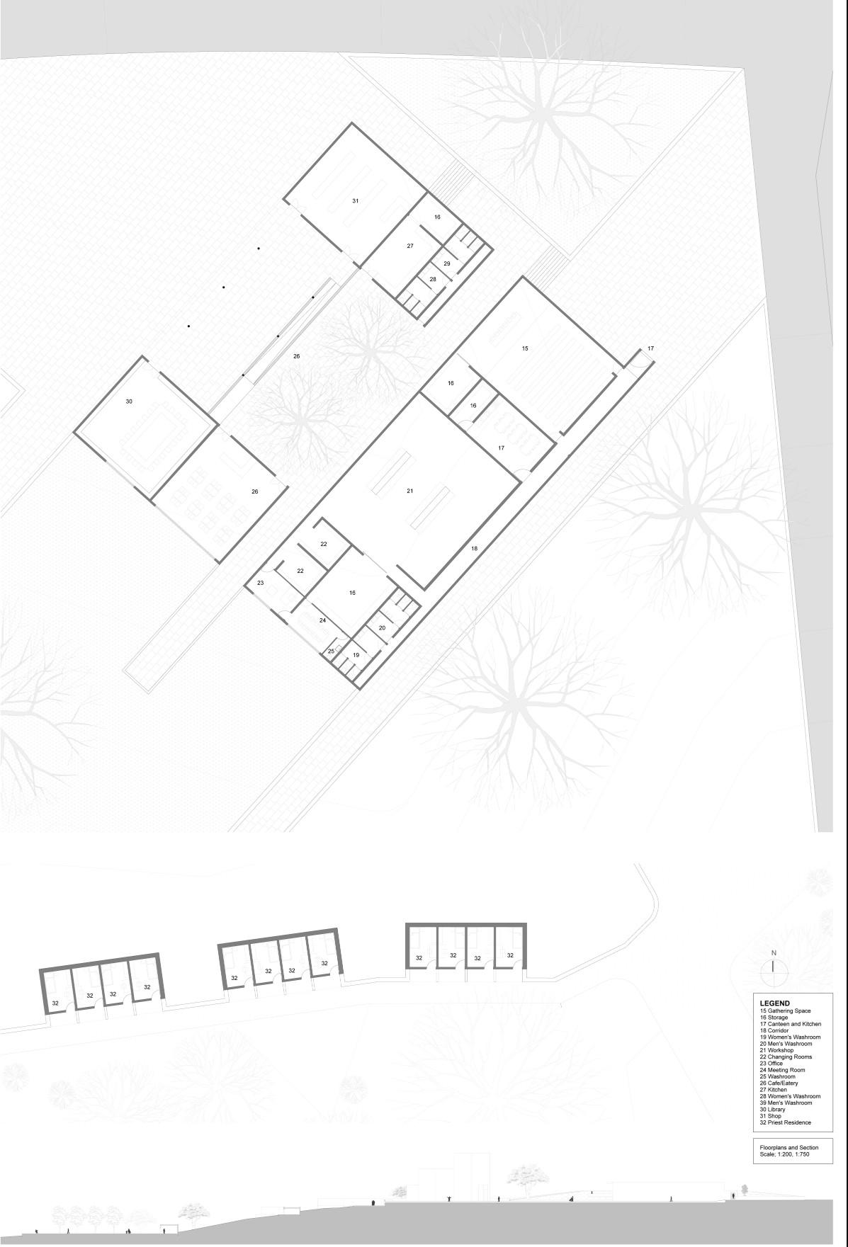 Community centre plan arranged around gathering, dining, library, kitchen, café, and support functions.