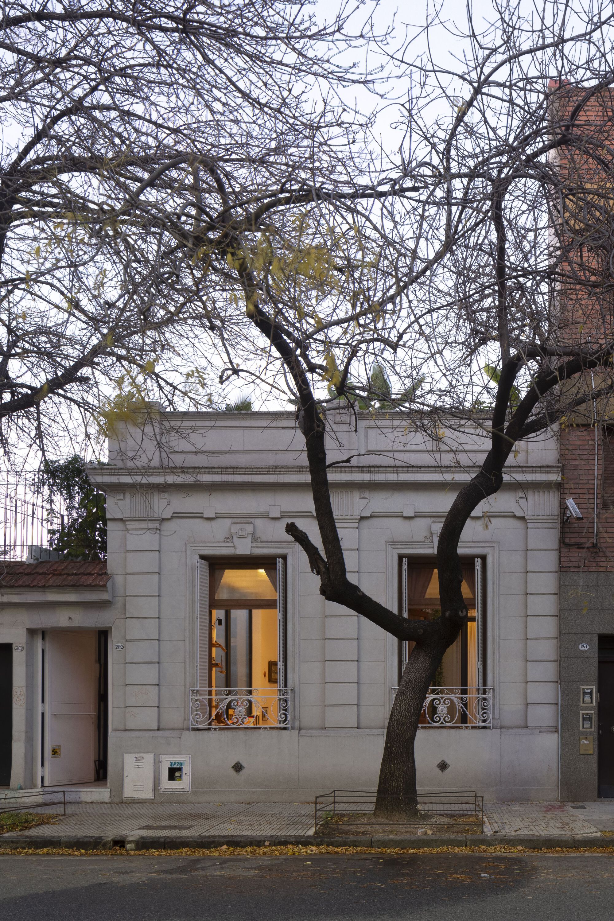 Street view of a pale stone facade with two tall windows lit from within and a bare tree in front