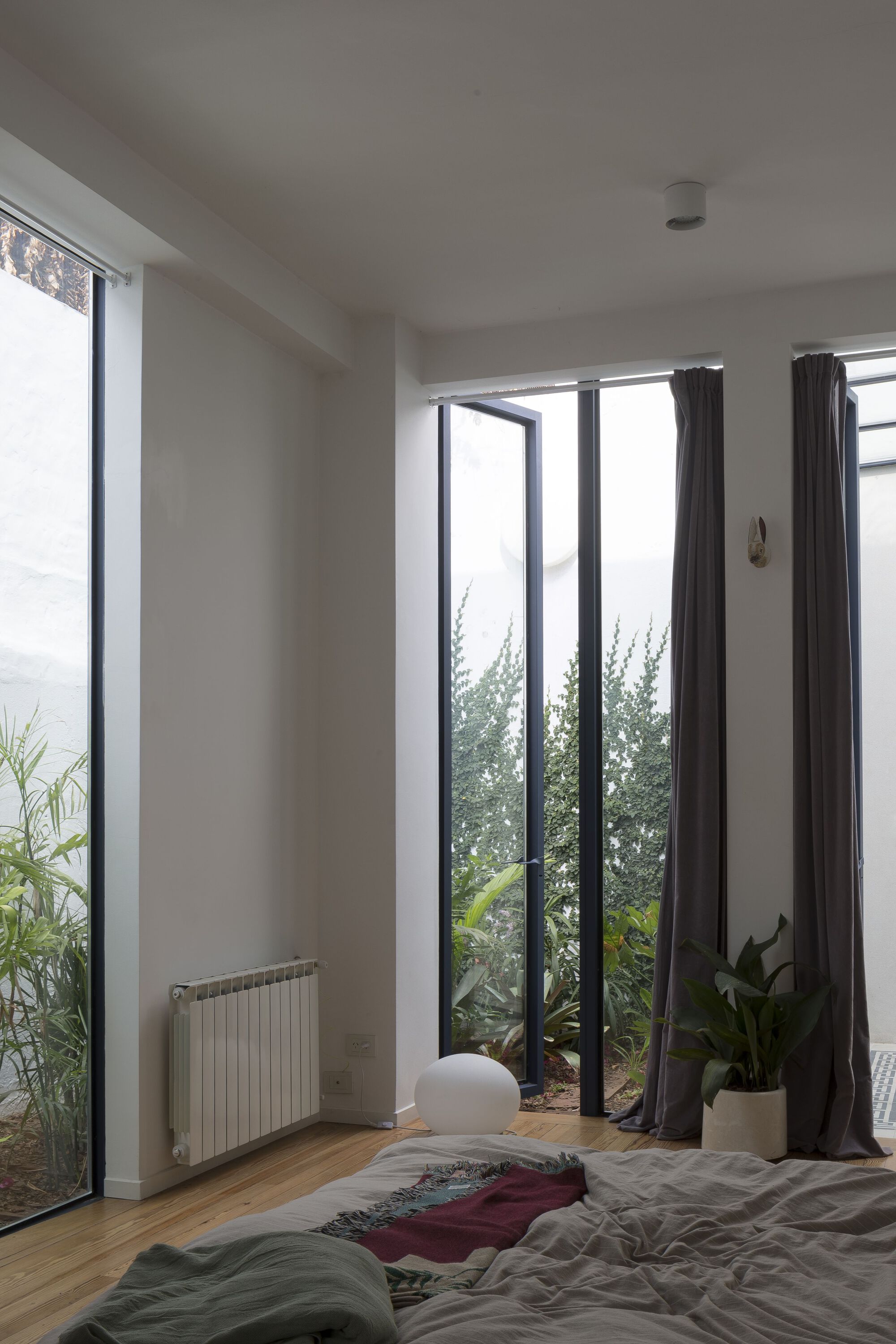 Bedroom with floor-to-ceiling glazing framing a planted lightwell and oak flooring below white walls
