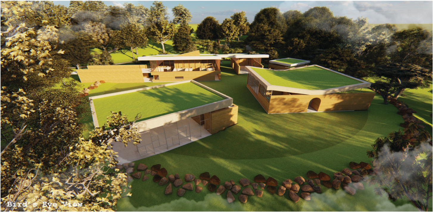 A sustainable wildlife rehabilitation center seamlessly integrated into the surrounding forest.