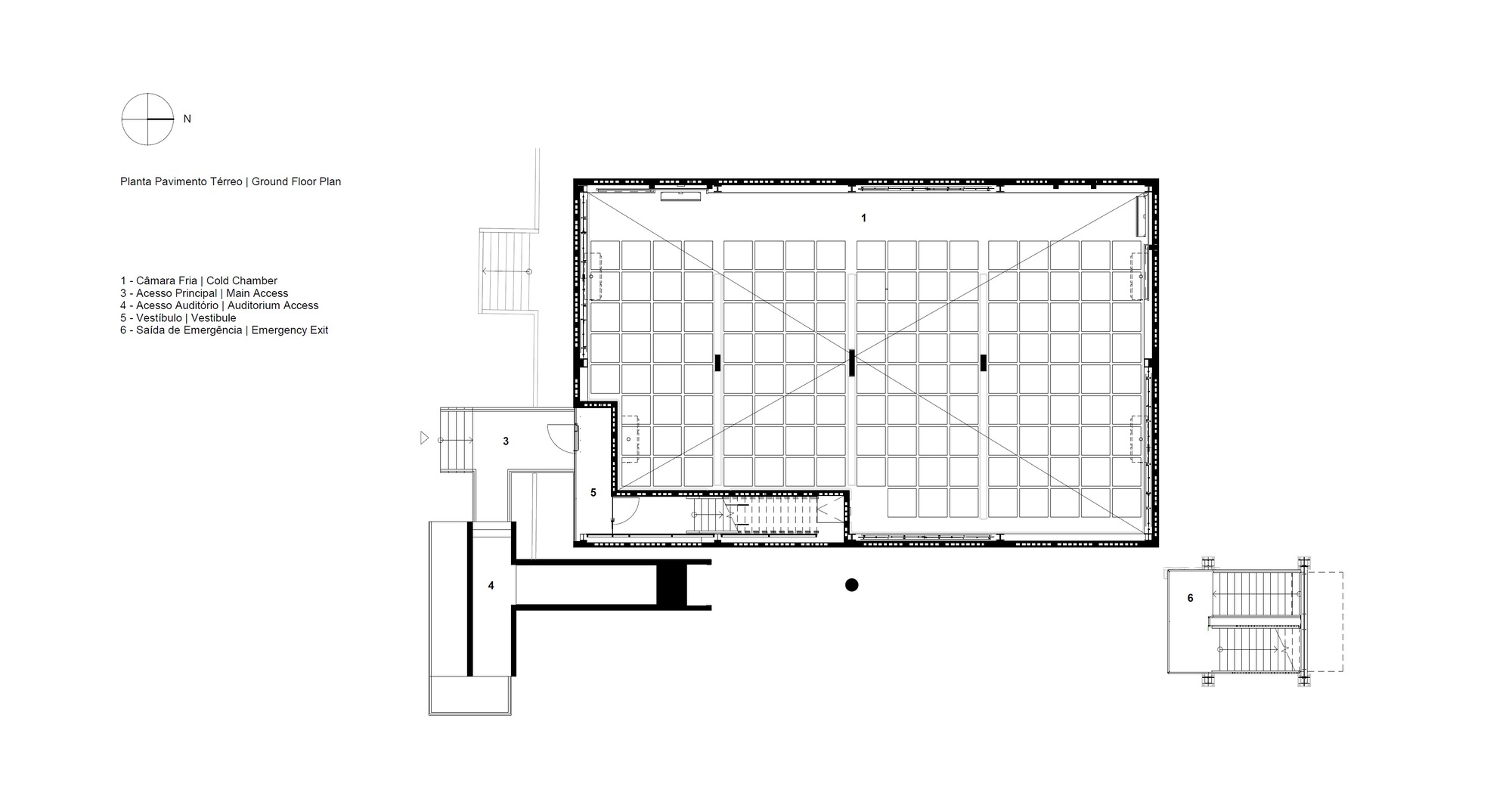 Ground floor plan drawing showing the main storage grid with entry vestibule and stair