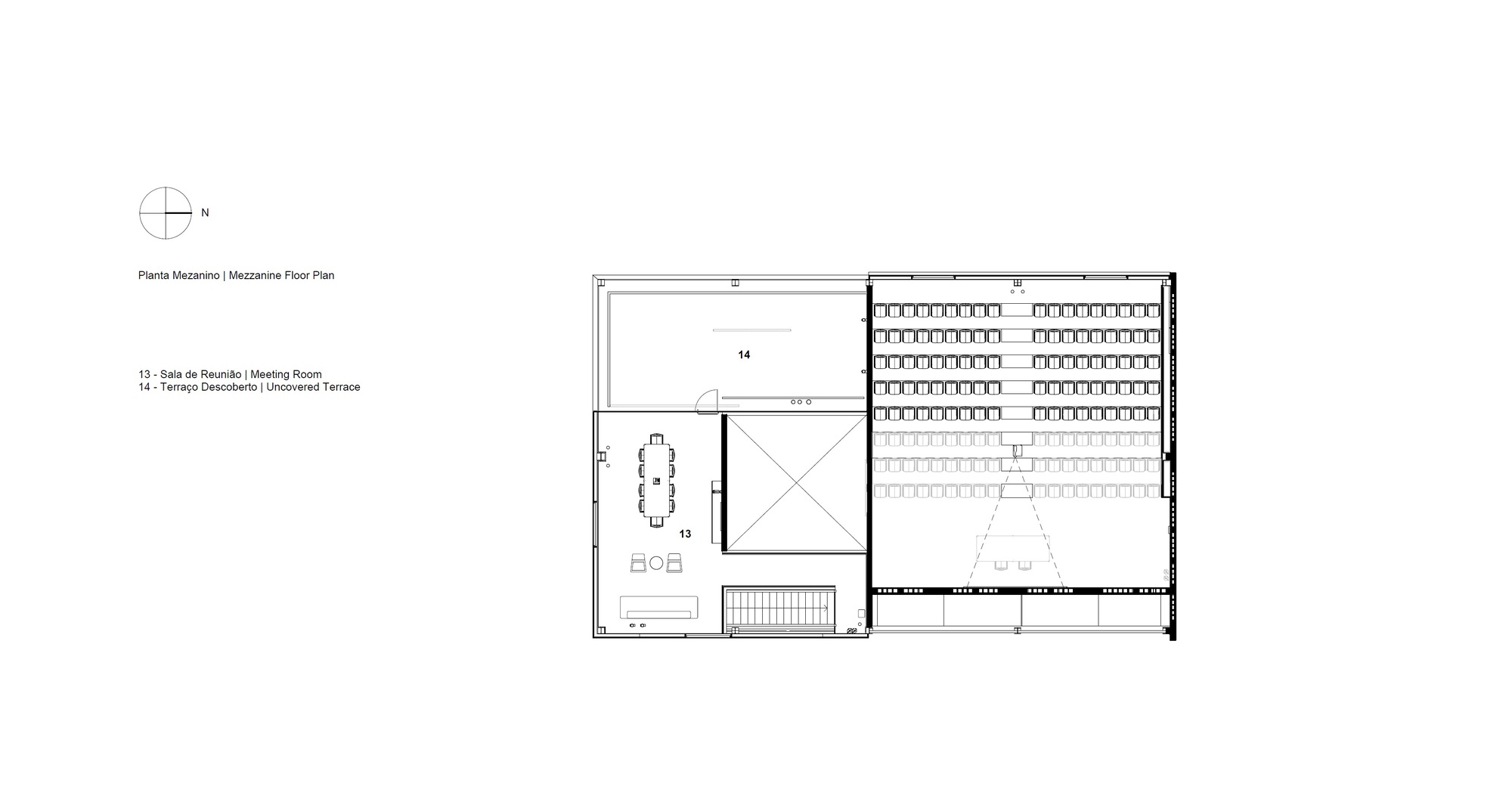 Mezzanine floor plan drawing depicting a meeting room and tiered seating area