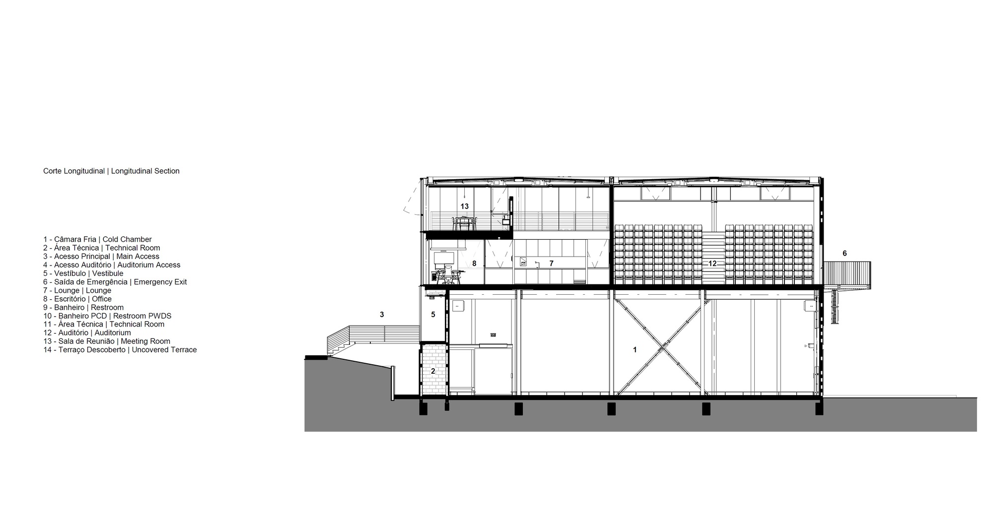 Longitudinal section drawing showing the two-story interior with an auditorium and mezzanine level above