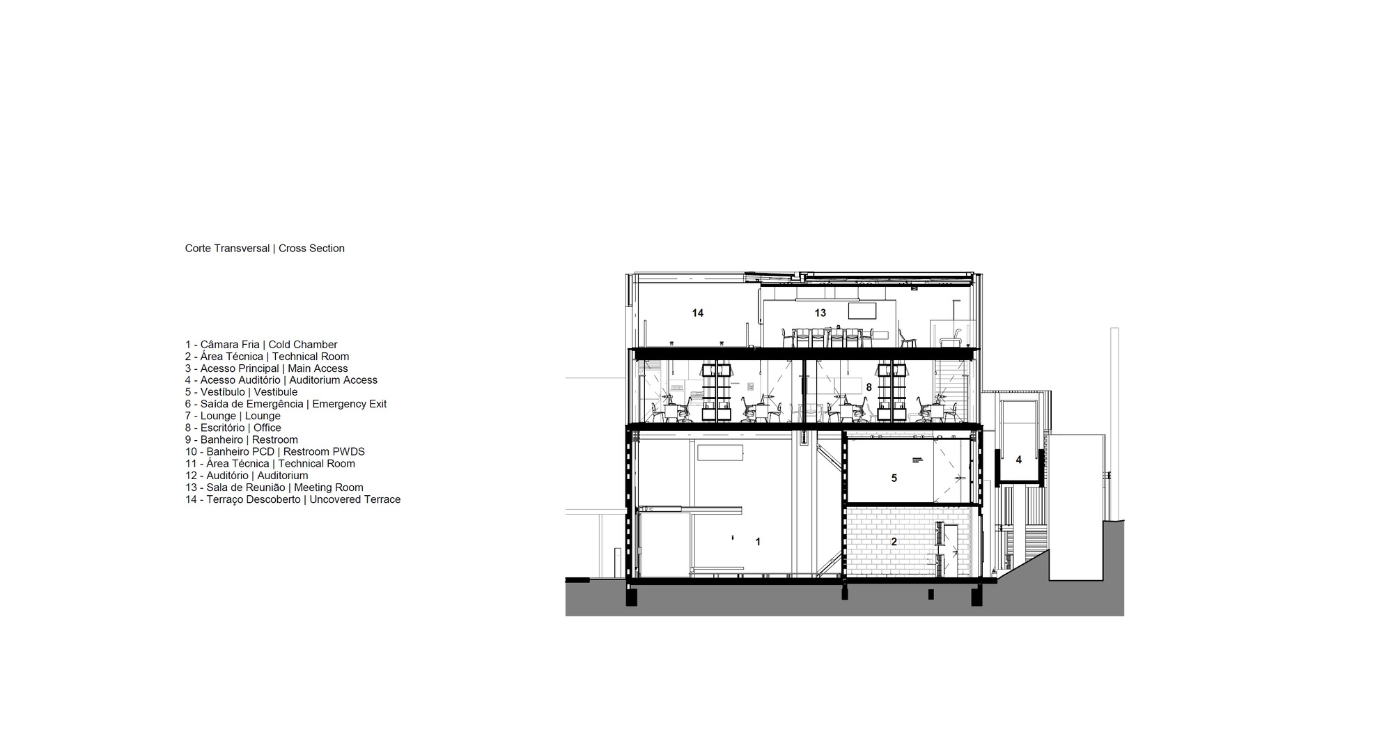 Cross section drawing revealing the double-height interior space with central stair and office areas
