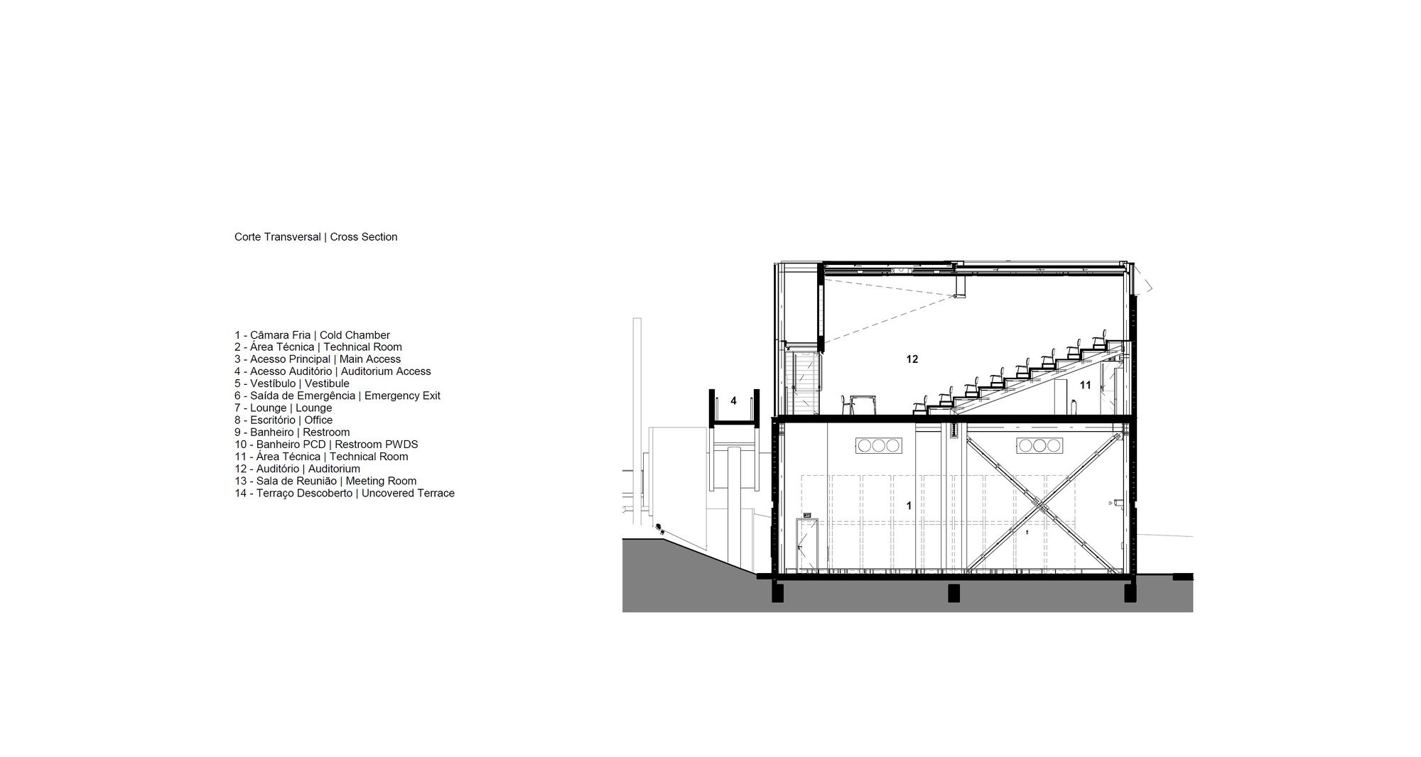 Cross section drawing displaying the auditorium volume with sloped seating and adjacent support spaces