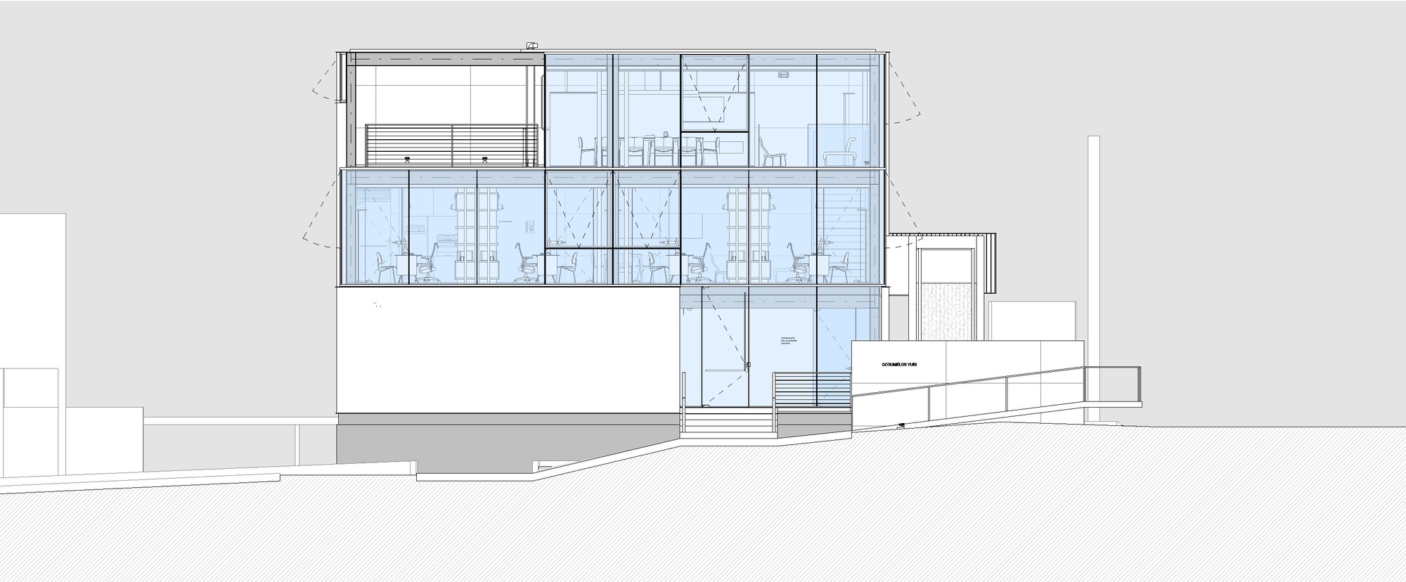 Elevation drawing showing a two-story glazed facade with a lower podium and adjacent stair