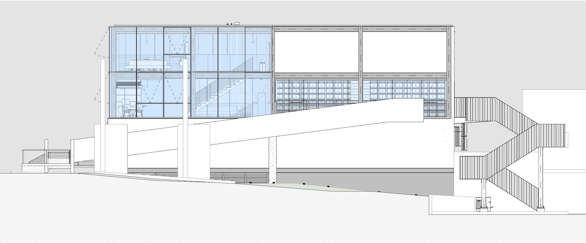 Elevation drawing depicting a glazed upper volume above a white podium with exterior stairs