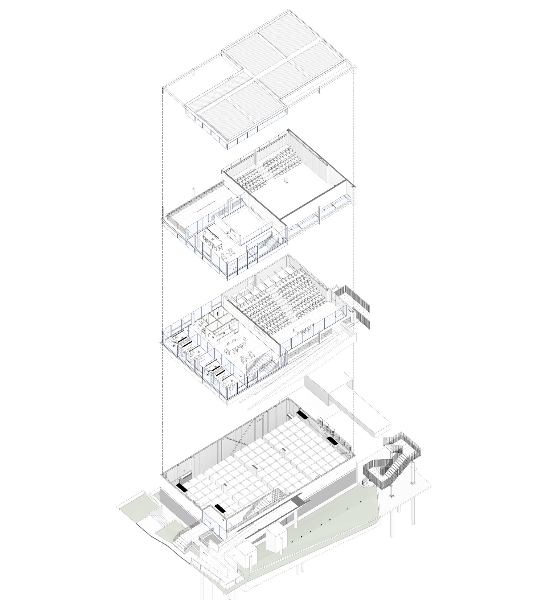 Exploded axonometric drawing illustrating four stacked floor levels with auditorium seating and circulation spaces