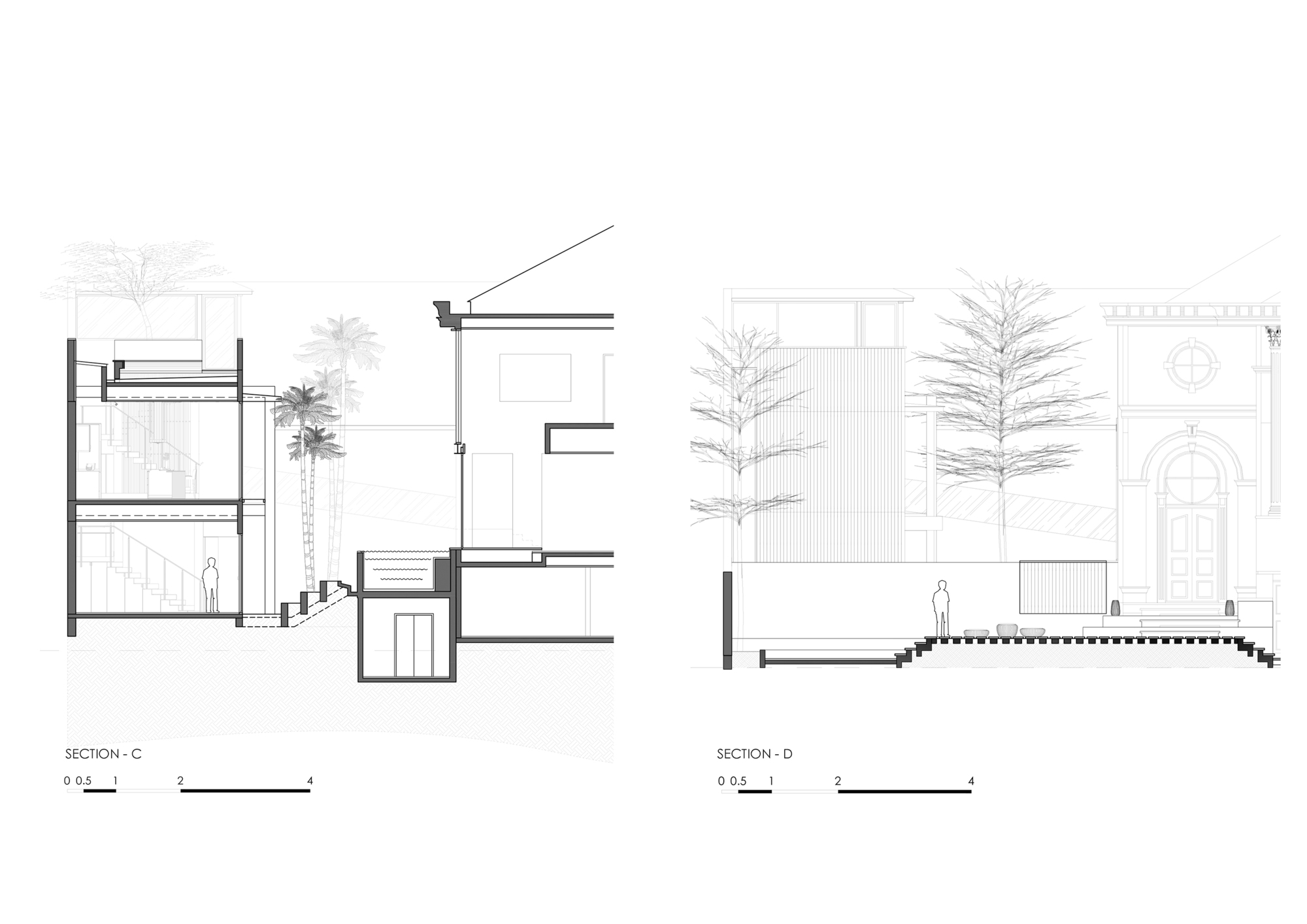 Two section drawings showing split-level interiors with trees and adjacent heritage building with arched windows