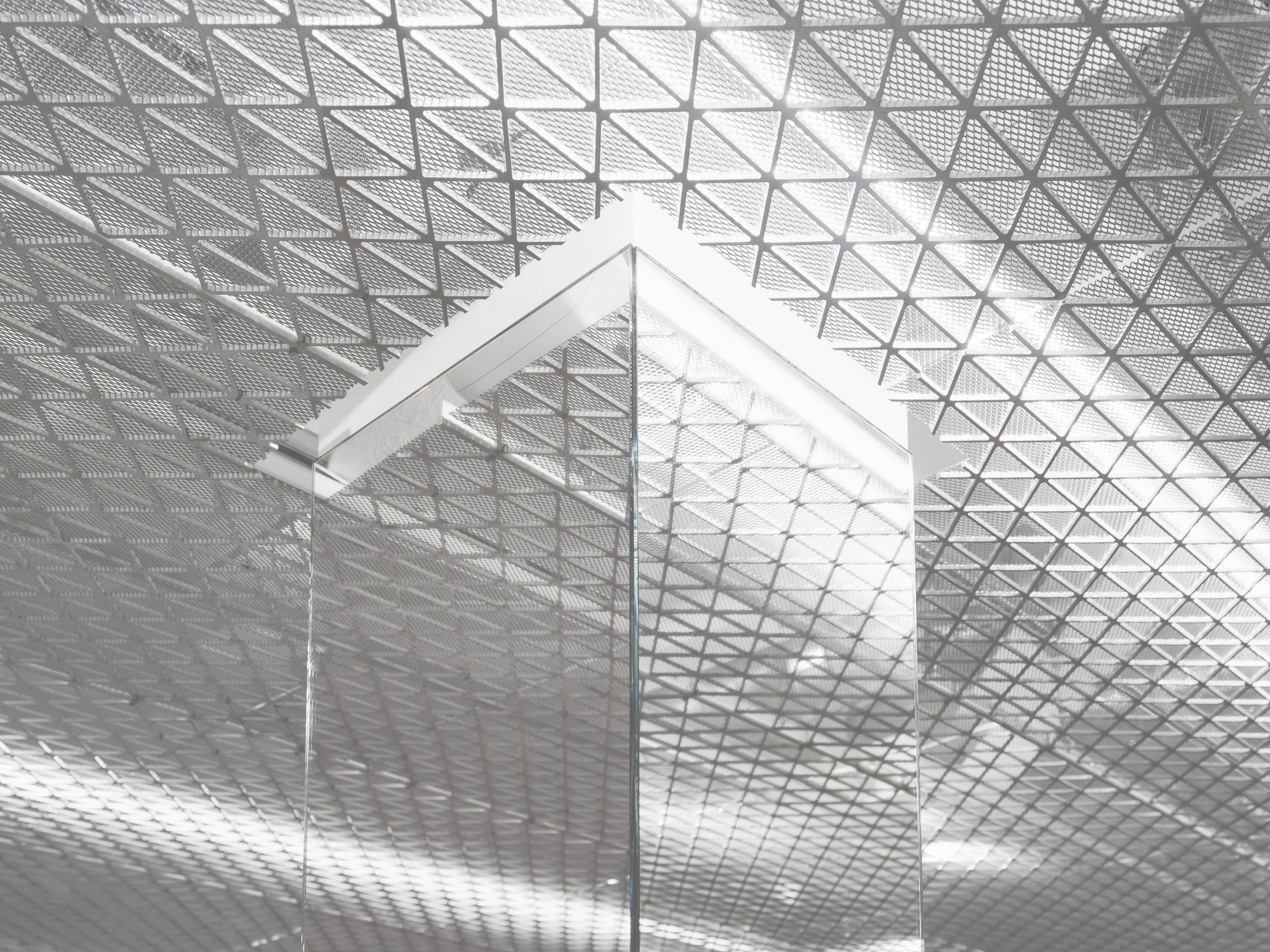 Glass corner panel set against the triangulated mesh ceiling with reflected light patterns