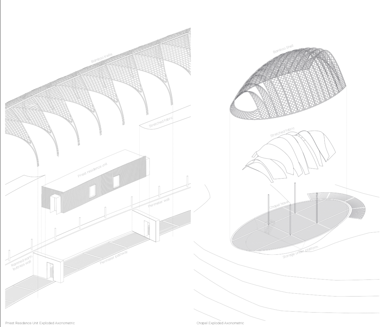 Exploded architectural diagram revealing the bamboo structure, perimeter wall, residential units, and chapel construction system.