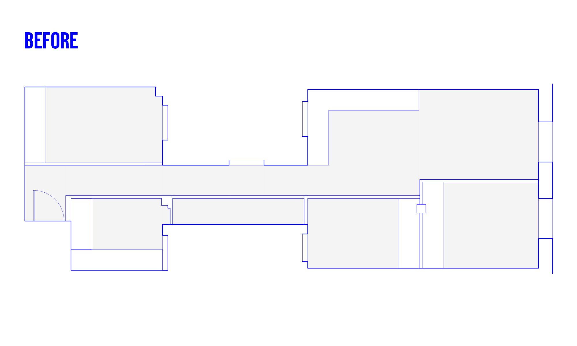 Floor plan drawing of the existing layout before renovation with empty room divisions