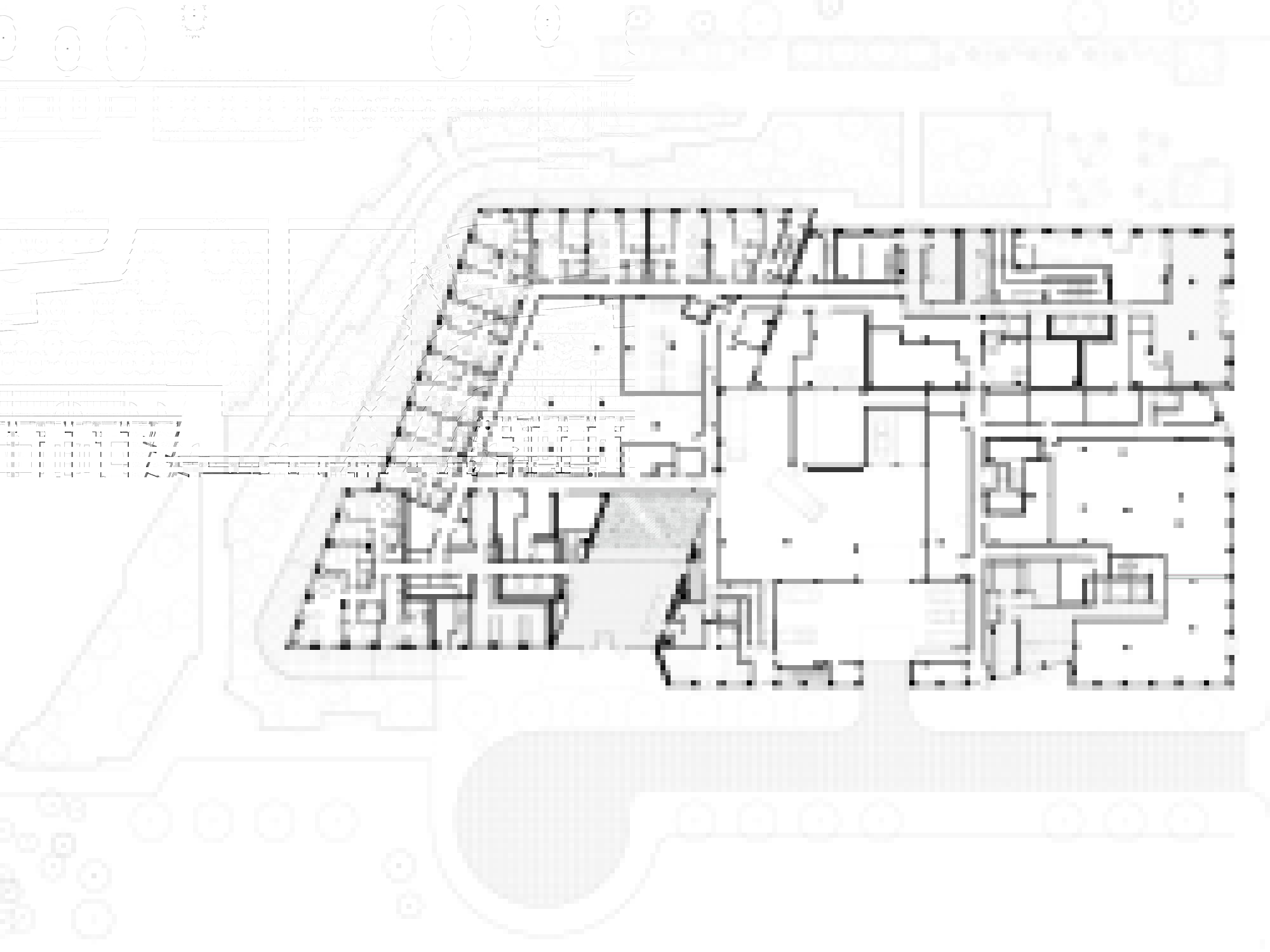 Floor plan drawing showing an angular complex with multiple courtyards and a curved roadway along one edge