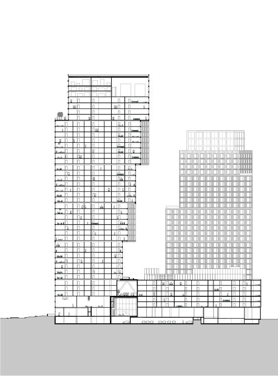 Section drawing depicting two tall tower volumes with a low-rise connecting structure at the base