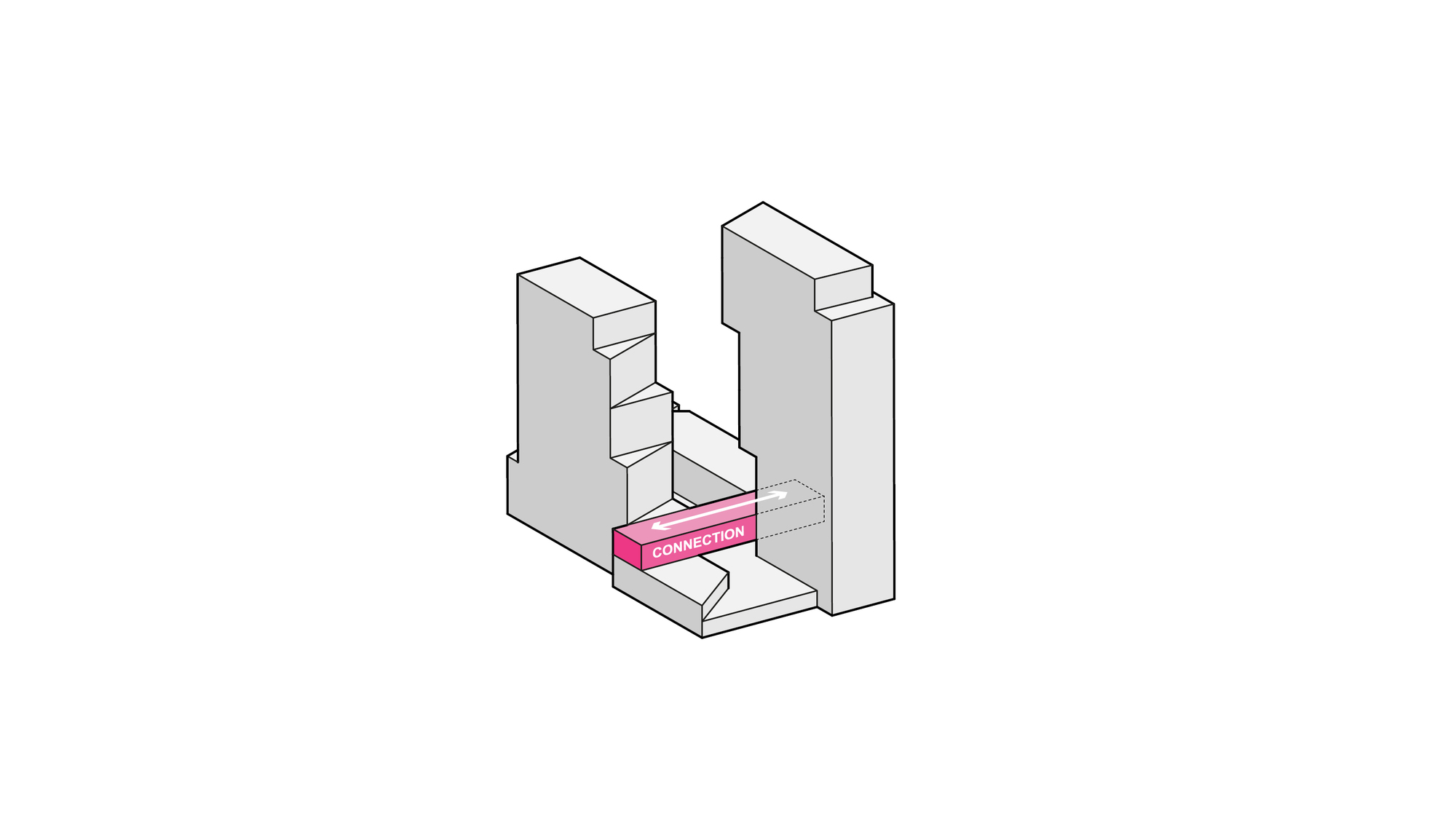 Isometric drawing highlighting a circulation connector in pink between two gray stepped tower volumes