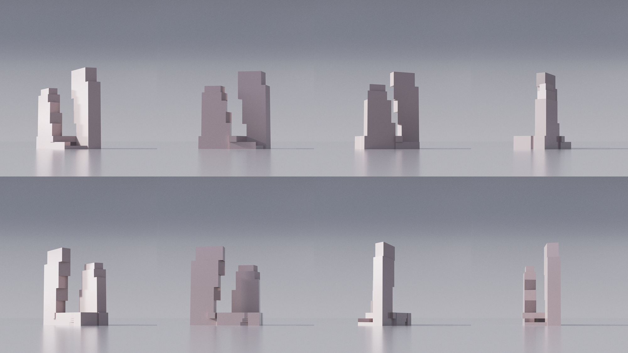 Elevation studies showing eight massing variations of vertical forms with setbacks and offset volumes