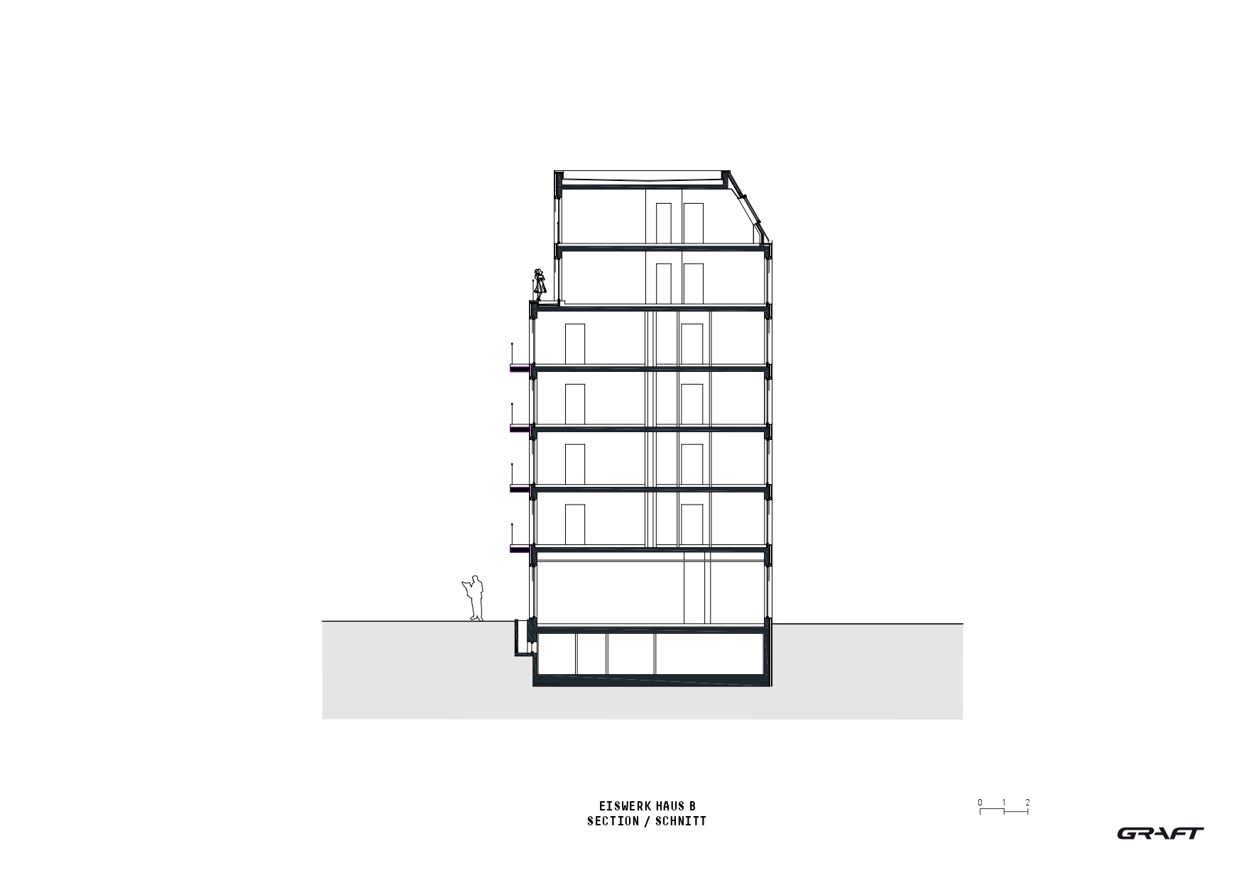 Section drawing showing seven levels with a sloped roof and a single figure at street level