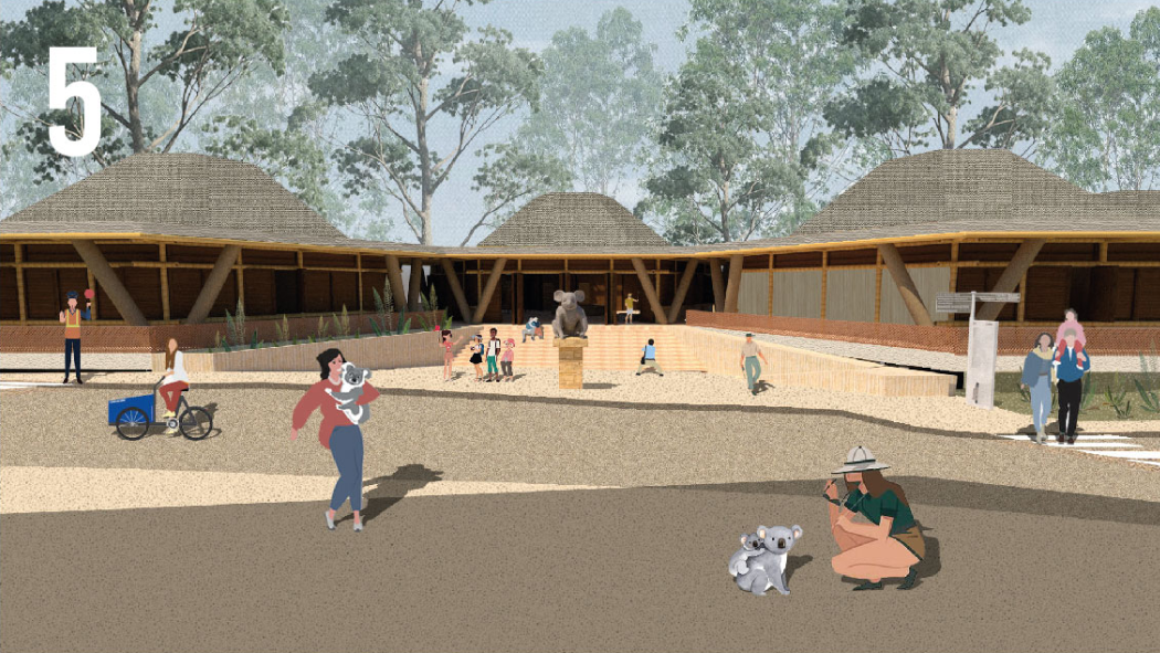 Hexagonal bamboo pavilions create a wildlife-centered public space integrated within the eucalyptus landscape.