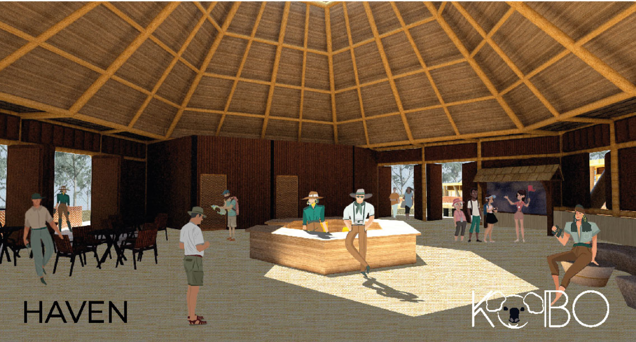 Warm bamboo interiors combine biophilic design, natural light, and community-focused gathering spaces.