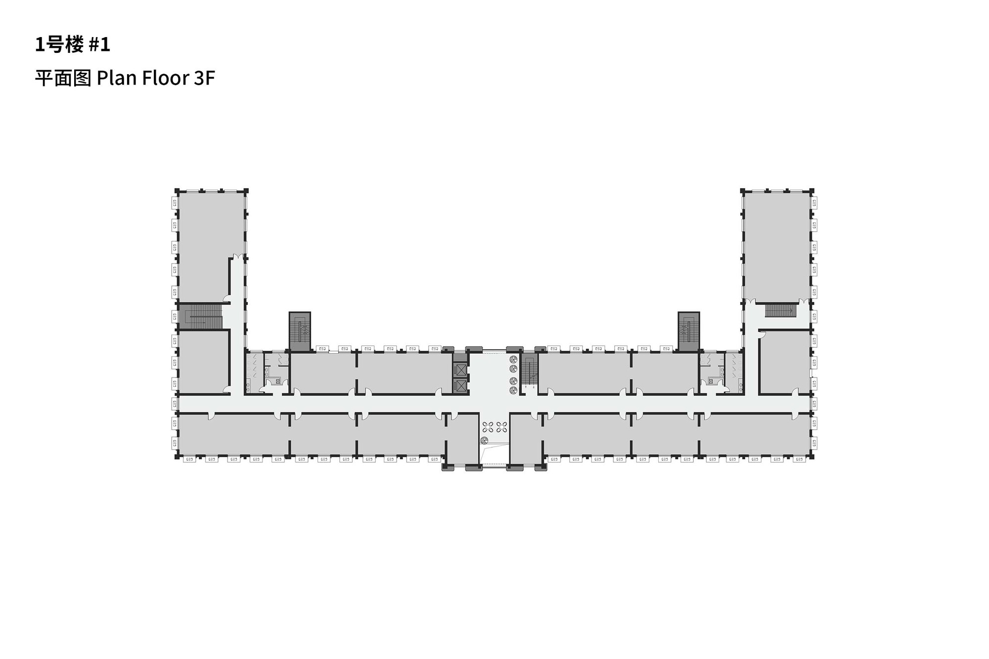 Third floor plan with reduced footprint showing elongated bar wings and central vertical circulation elements