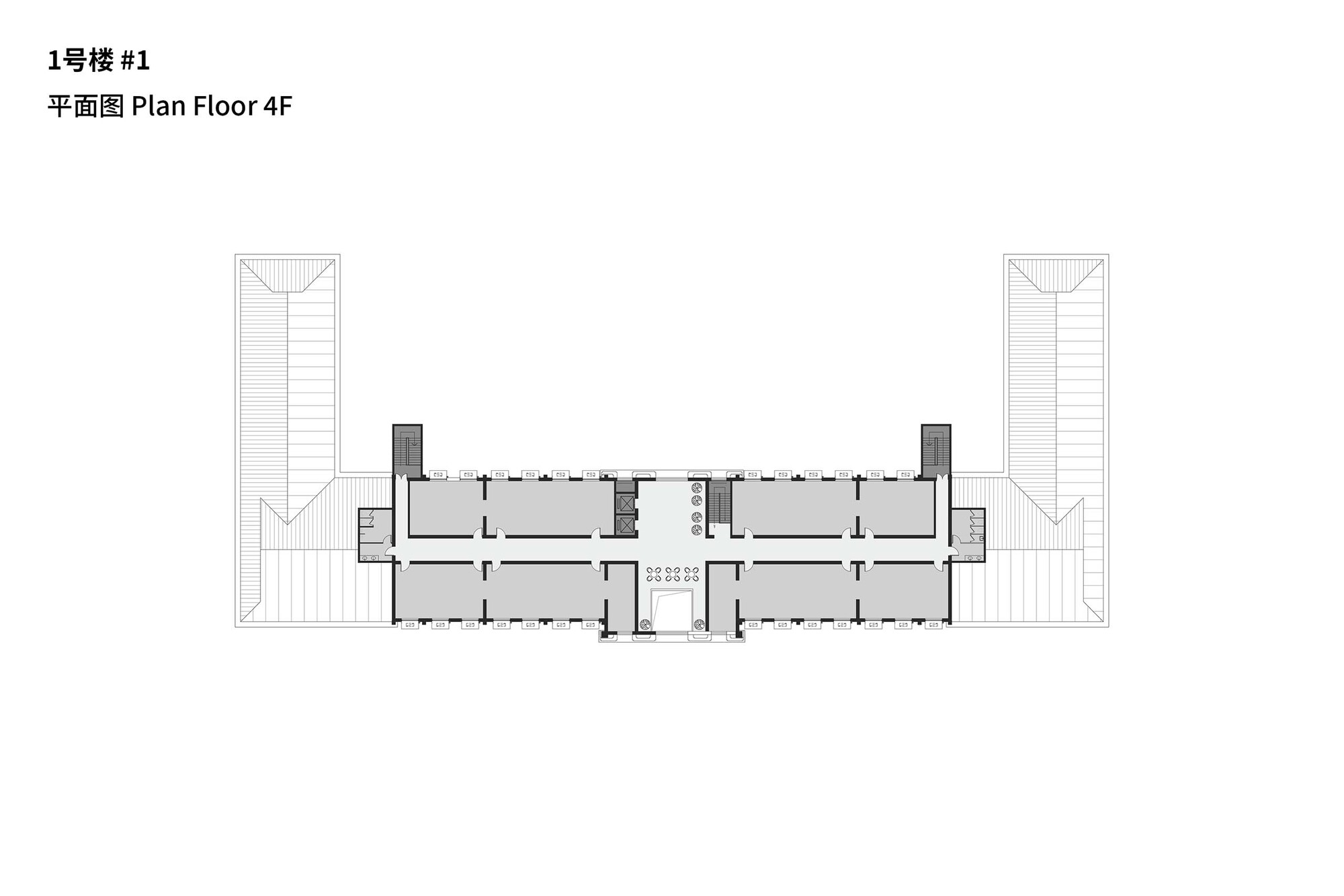 Fourth floor plan revealing sloped roof structures over corner towers and a compressed central bar