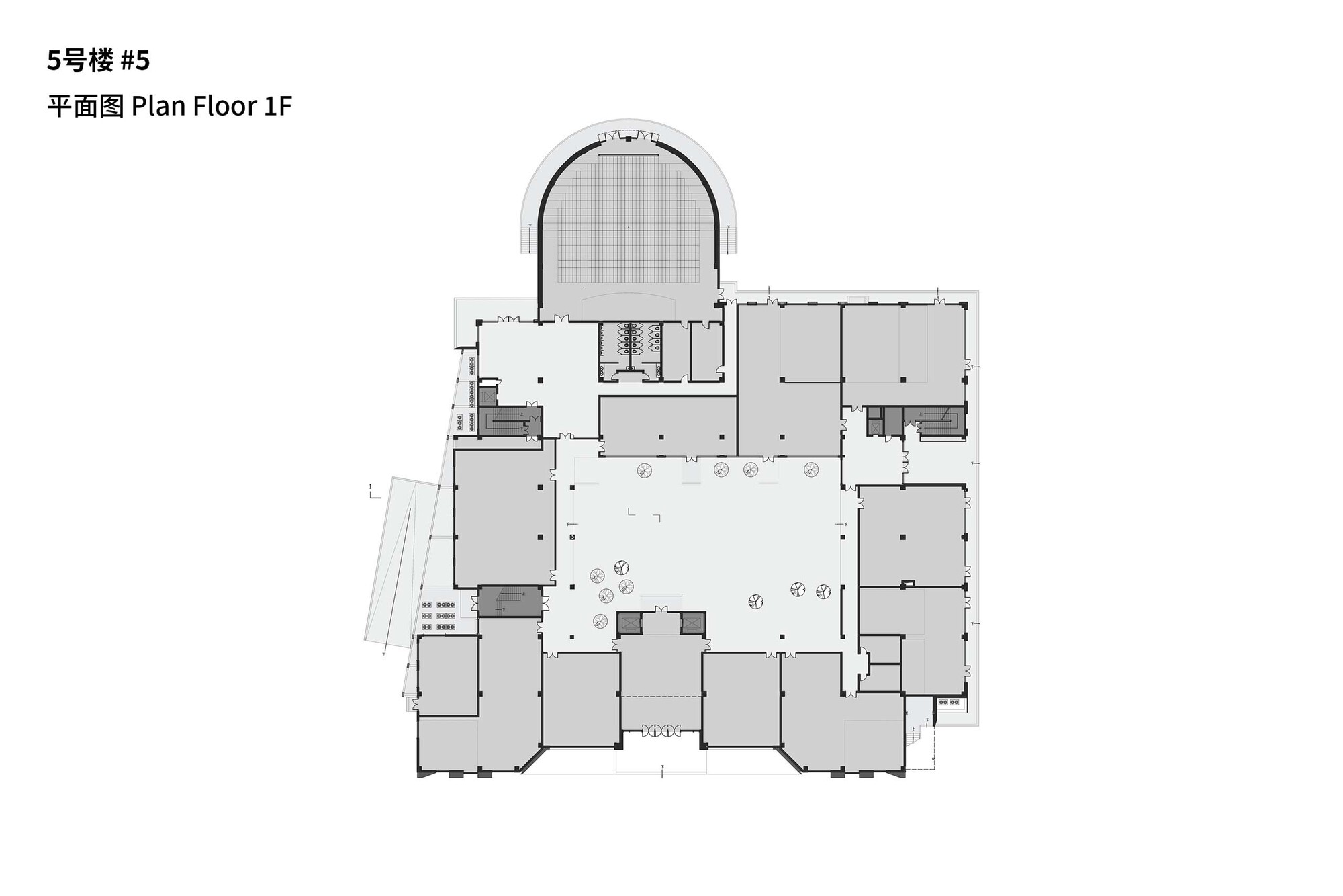 First floor plan drawing showing a central courtyard with curved auditorium volume projecting at the top