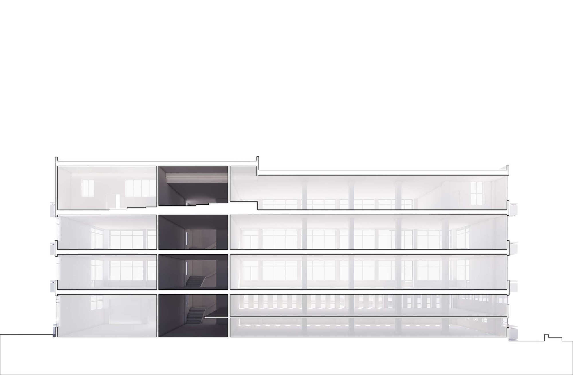 Section drawing showing a low-rise building with a dark vertical circulation core