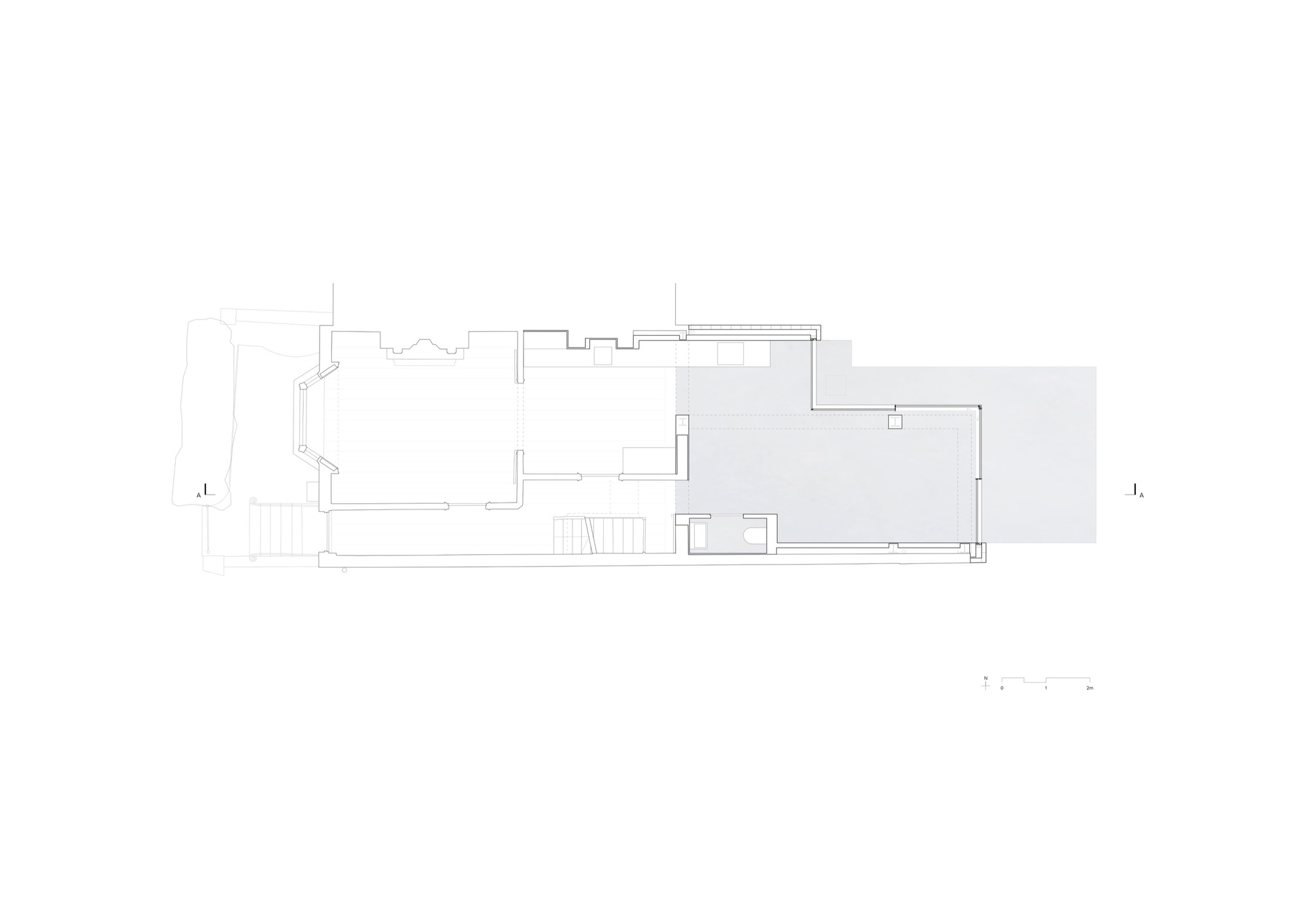 Floor plan of the narrow wing showing rooms, circulation and stair locations in line